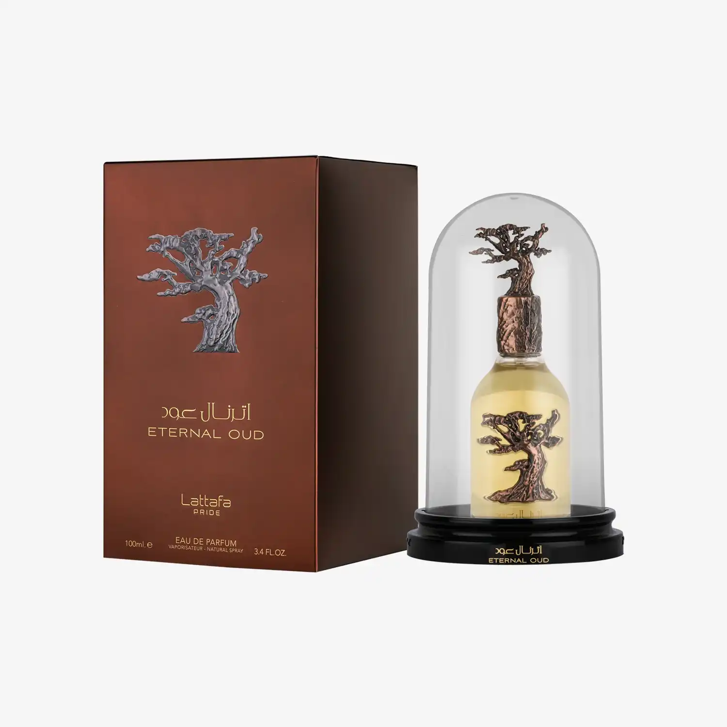Eternal Oud perfume bottle with ornate tree design and matching brown box, 100ml, Middle Eastern fragrance.