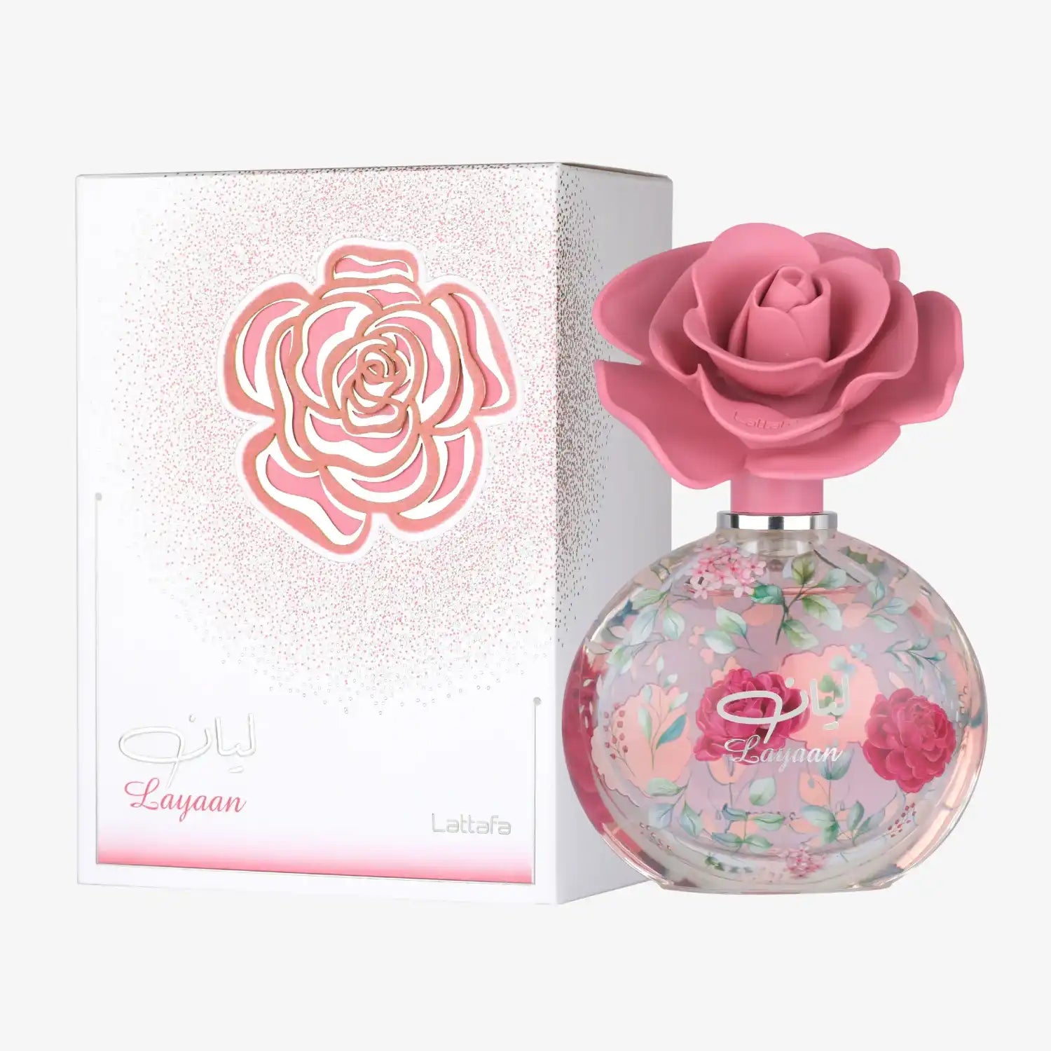 Floral perfume bottle with pink rose cap and matching decorative box, Middle Eastern fragrance