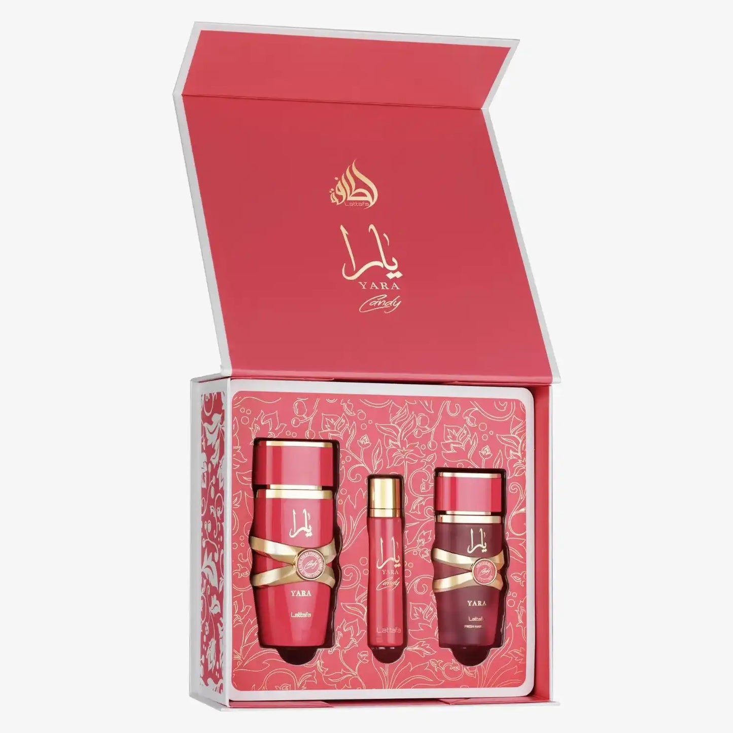 Yara perfume gift set with three pink and gold bottles in an ornate red box, Middle Eastern design.