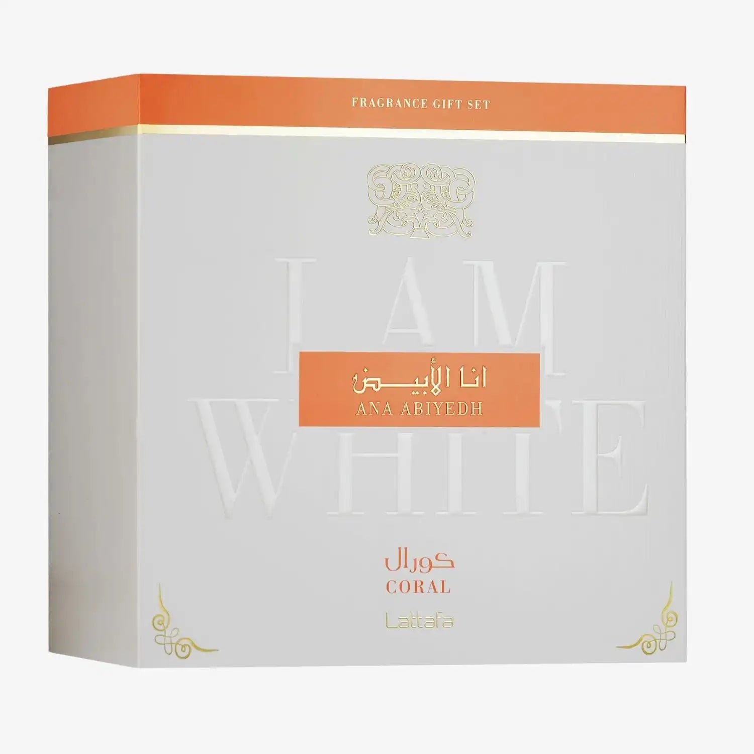 Lattafa Ana Abiyedh Coral fragrance gift set white and orange box with Arabic text