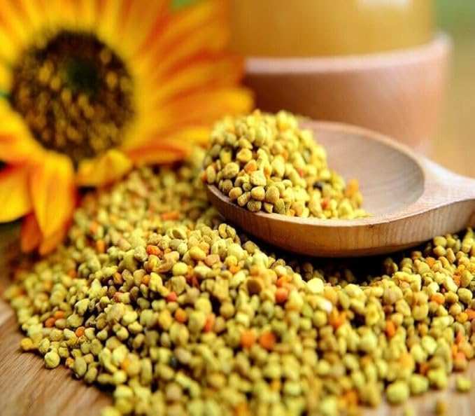 Close-up of bee pollen granules on wooden surface with wooden spoon and blurred sunflower in background