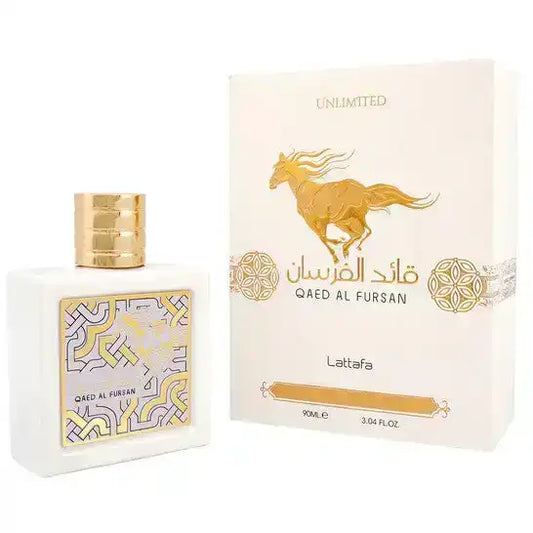 Qaed Al Fursan perfume bottle and box with gold horse logo and Arabic calligraphy by Lattafa
