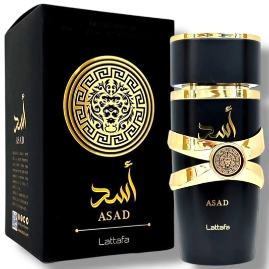 Lattafa Asad black and gold perfume bottle with lion emblem and matching box