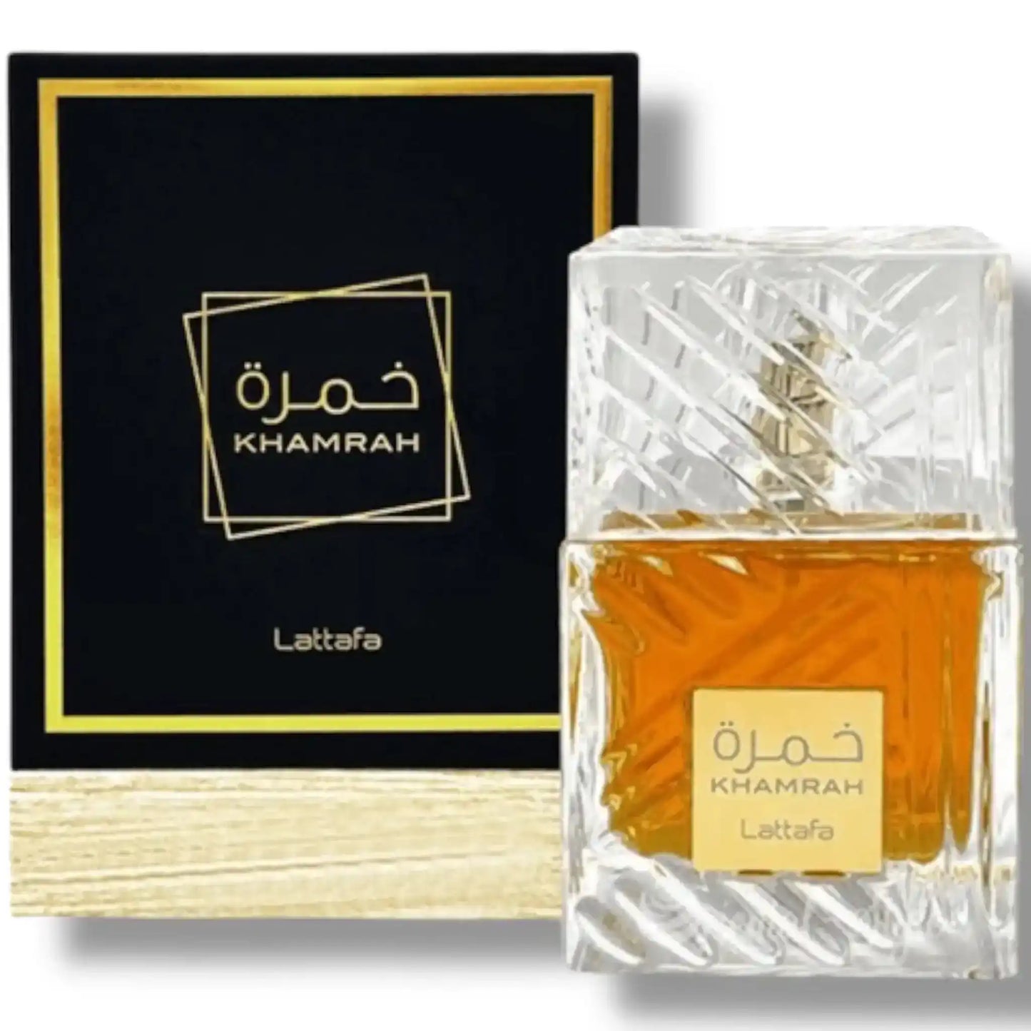 Lattafa Khamrah perfume bottle with amber liquid and black-gold packaging box