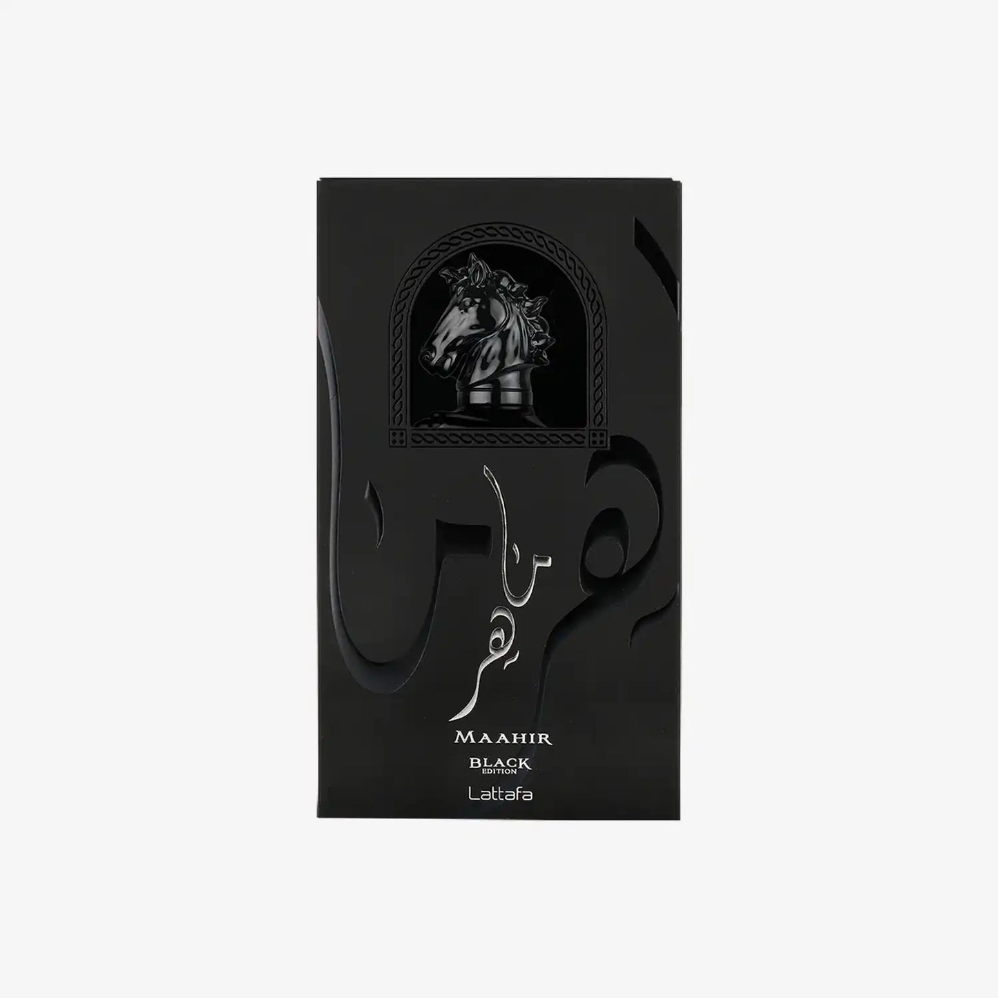 Maahir Black Edition Lattafa perfume box with horse head emblem and Arabic script, black packaging