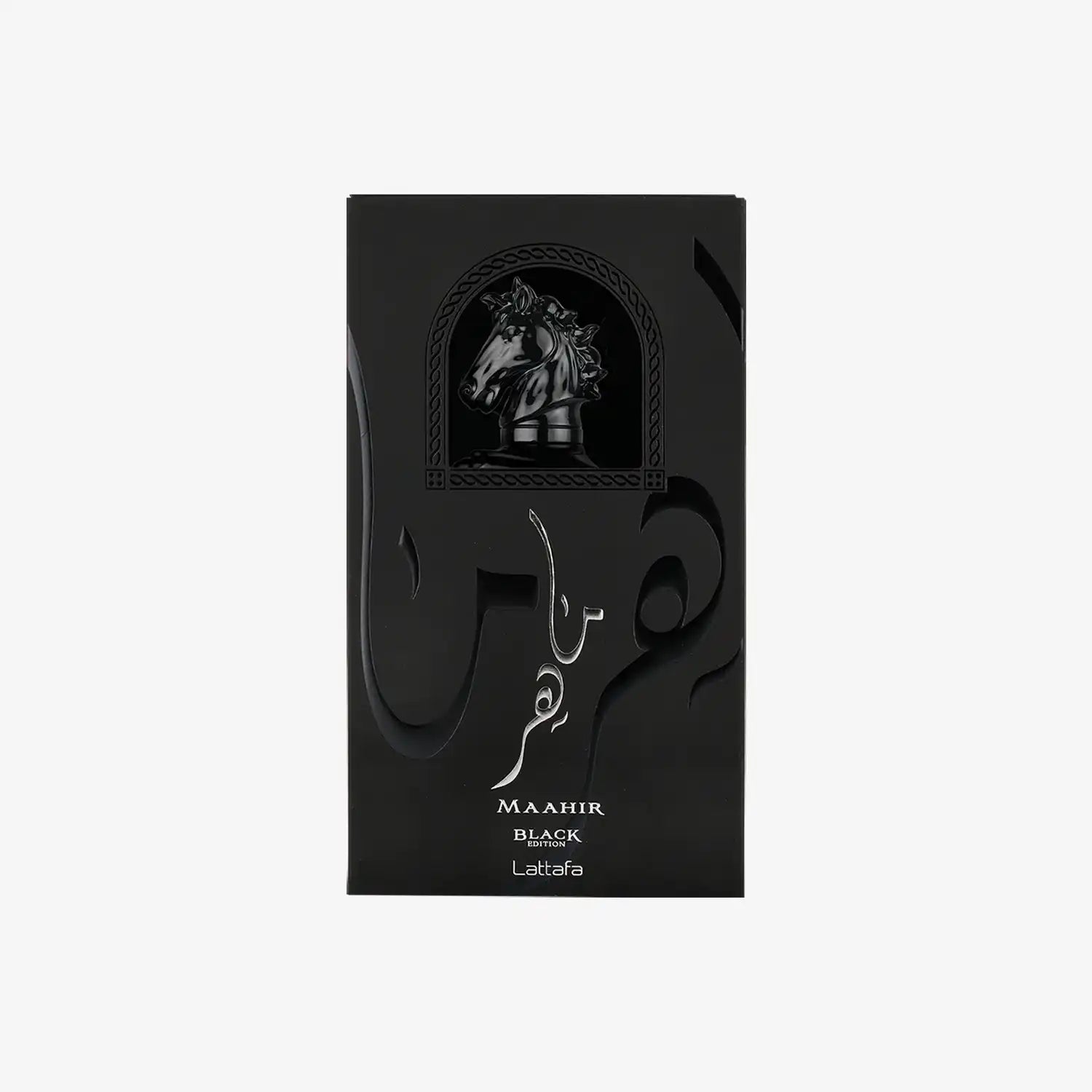 Maahir Black Edition Lattafa perfume box with horse head emblem and Arabic script, black packaging