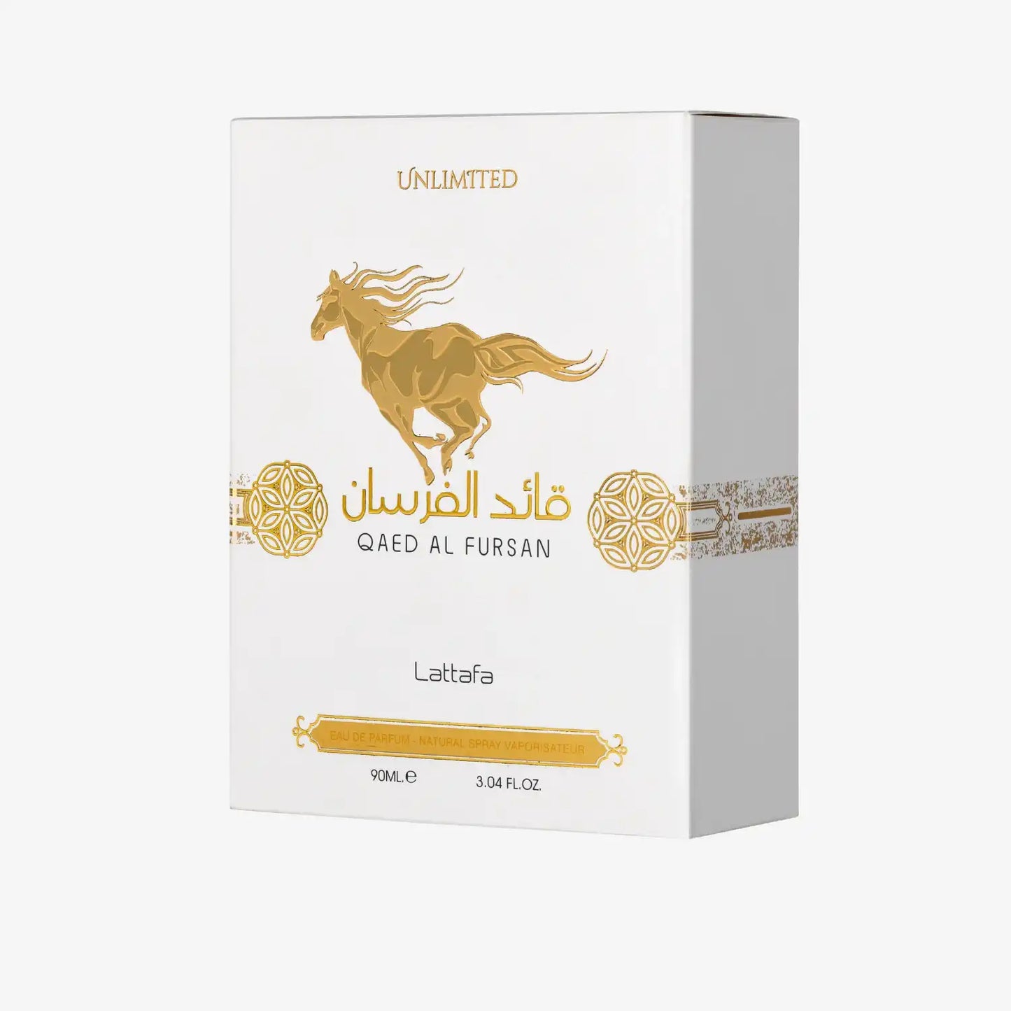 Qaed Al Fursan Unlimited perfume box with gold horse and Arabic decorative design