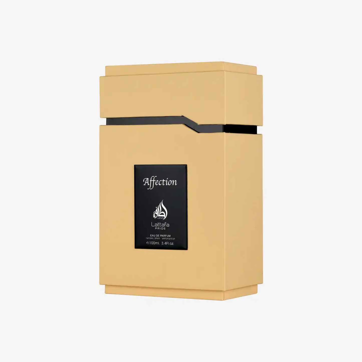 Lattafa Affection perfume in beige rectangular bottle with black label, Middle Eastern fragrance