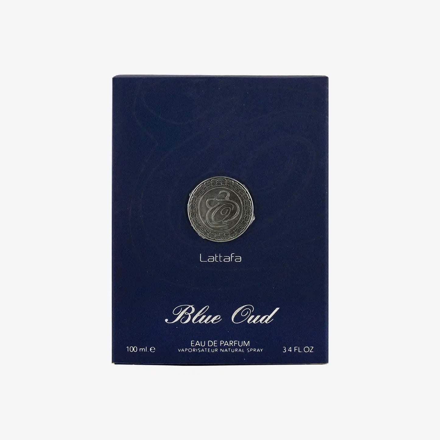 Lattafa Blue Oud Eau de Parfum 100ml dark blue box with decorative silver emblem