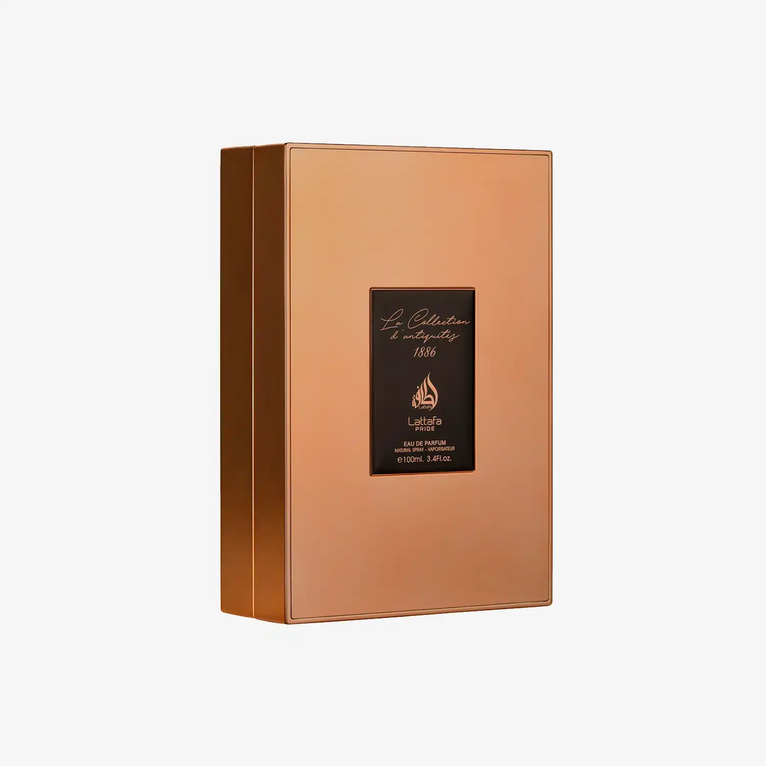 Luxurious Lattafa 1886 perfume box in gold packaging with Middle Eastern design elements