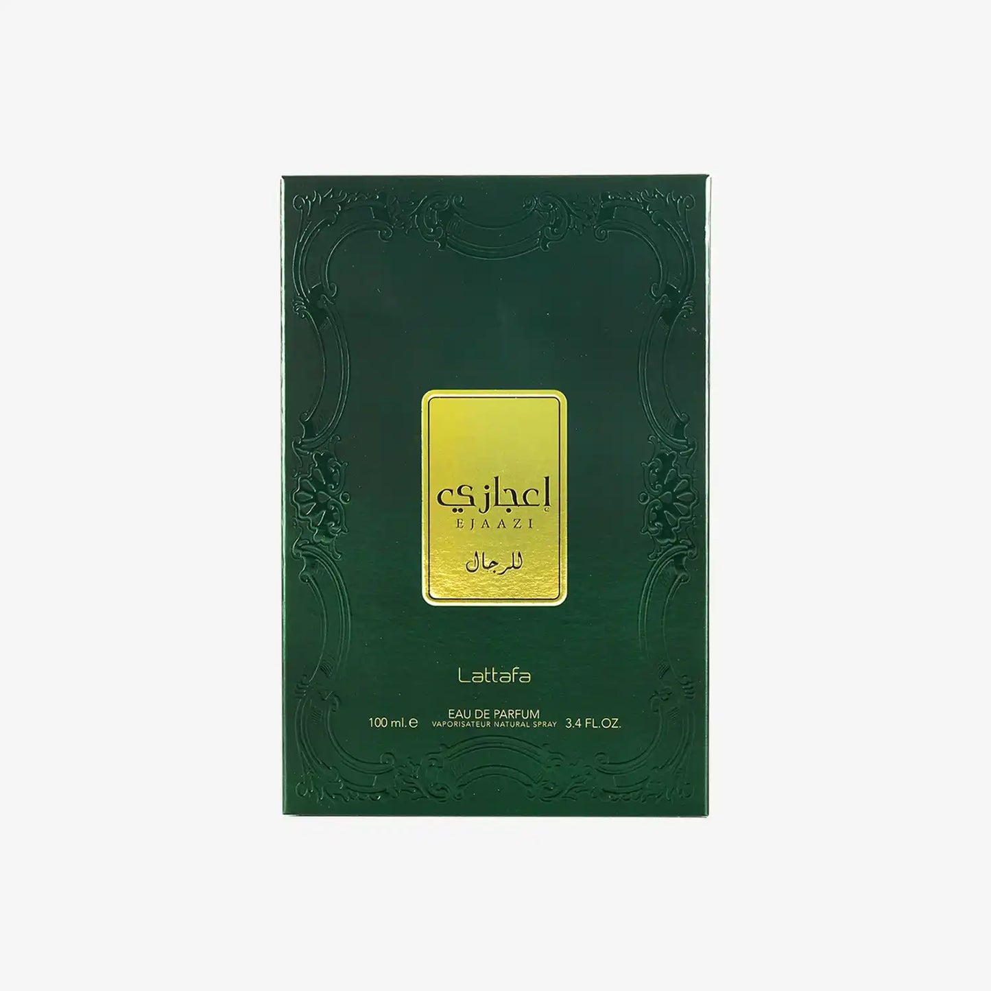 Lattafa Ejaazi perfume box, dark green with gold label, 100ml Middle Eastern fragrance