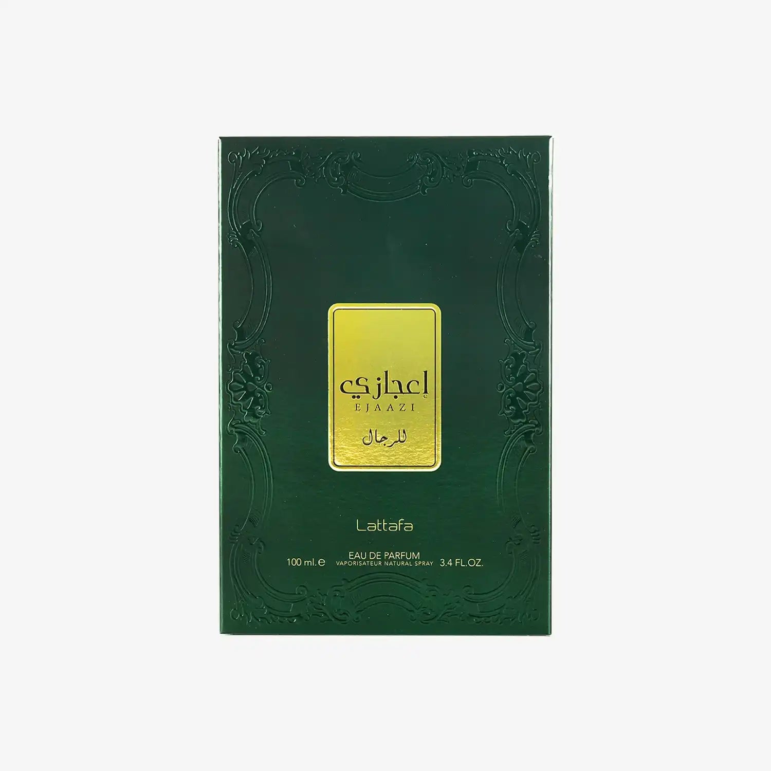 Lattafa Ejaazi perfume box, dark green with gold label, 100ml Middle Eastern fragrance