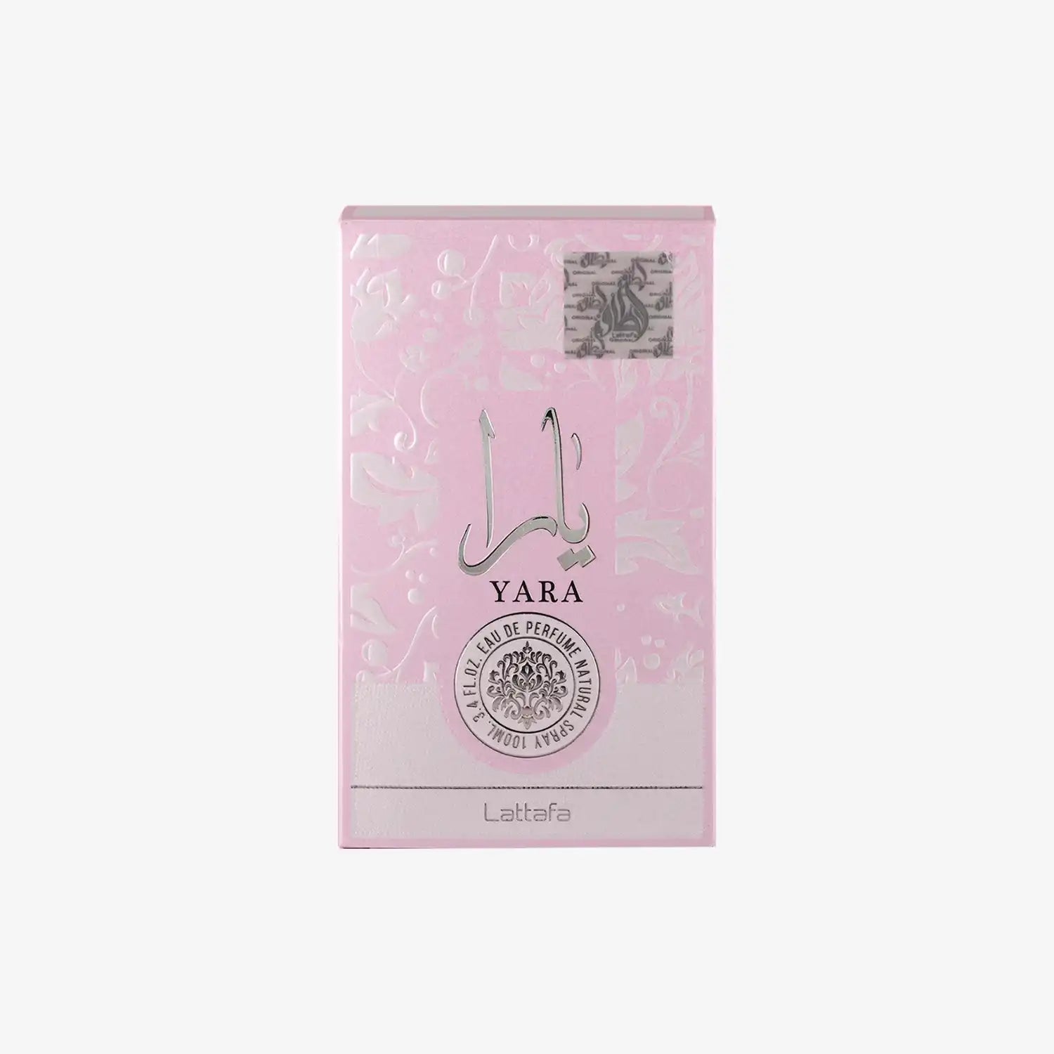 Pink Yara Lattafa perfume box with Arabic calligraphy and decorative accents
