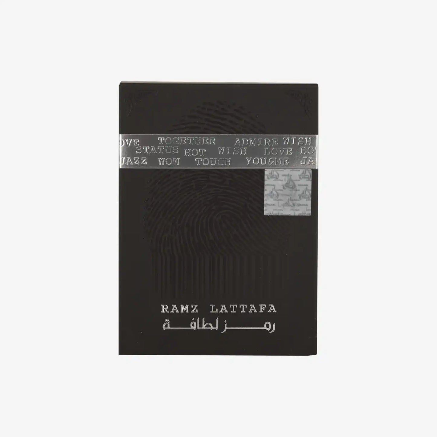 Ramz Lattafa perfume box with silver embossed text and fingerprint design