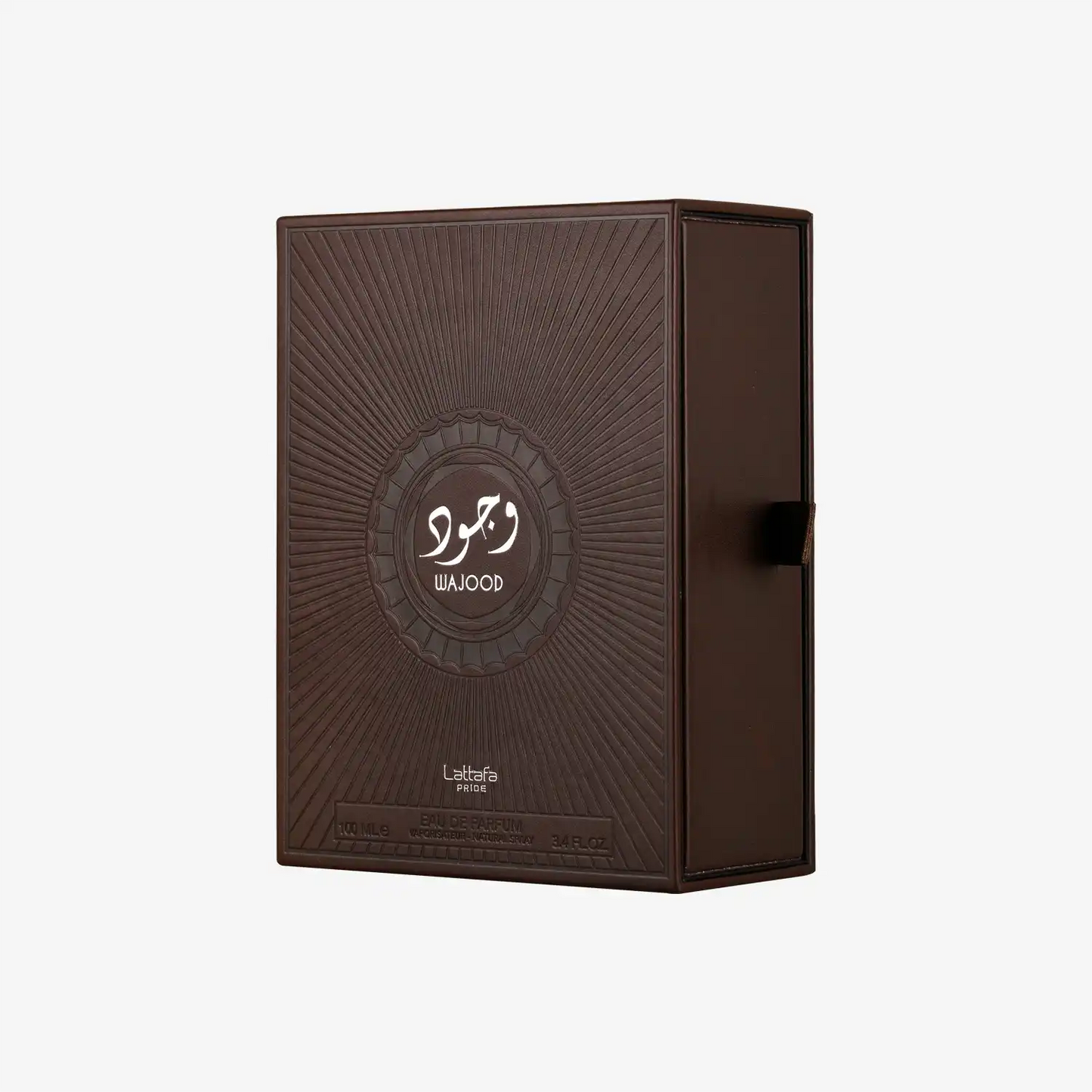 Wajood Lattafa perfume box with embossed sunburst pattern, Middle Eastern fragrance packaging