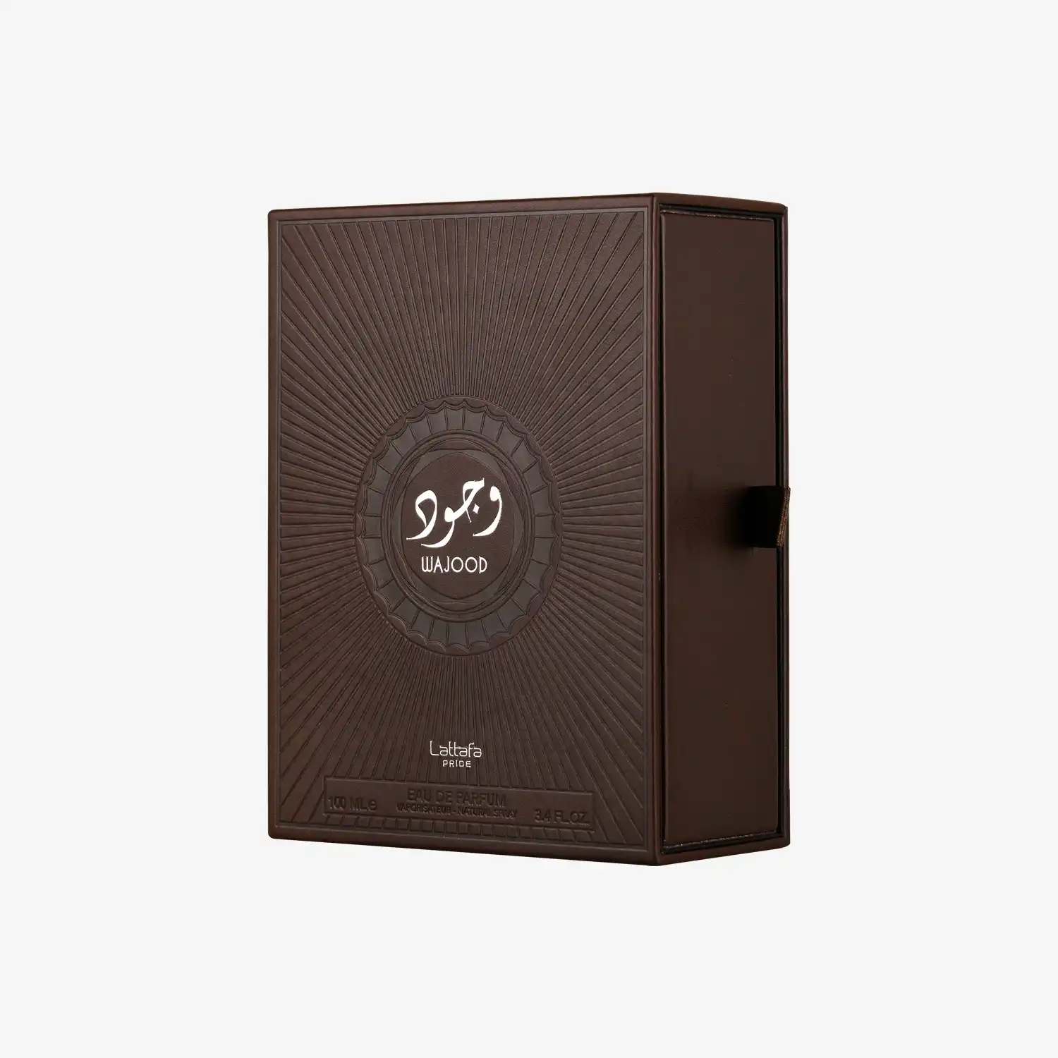 Wajood Lattafa perfume box with embossed sunburst pattern, Middle Eastern fragrance packaging