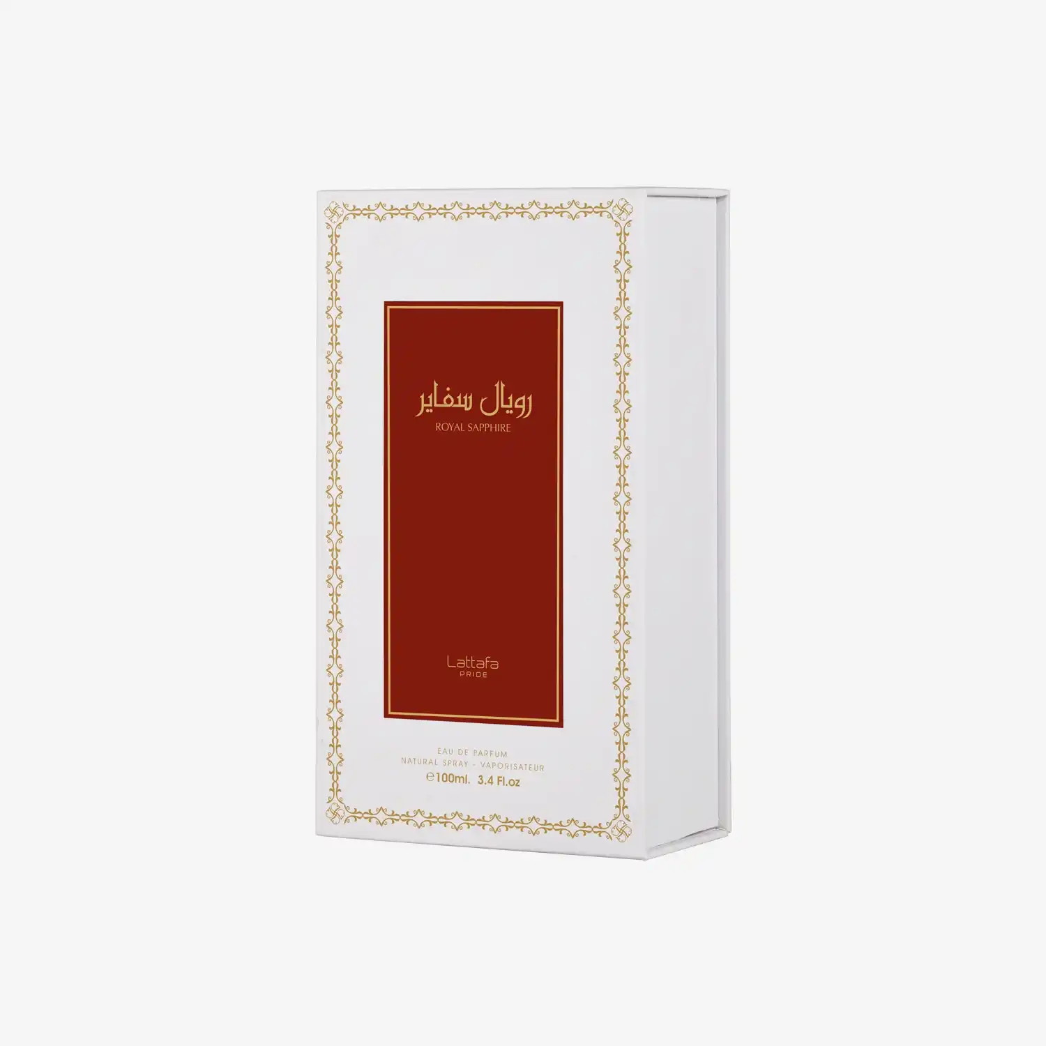 Lattafa Royal Sapphire perfume box with gold Arabic and English text on white and red packaging