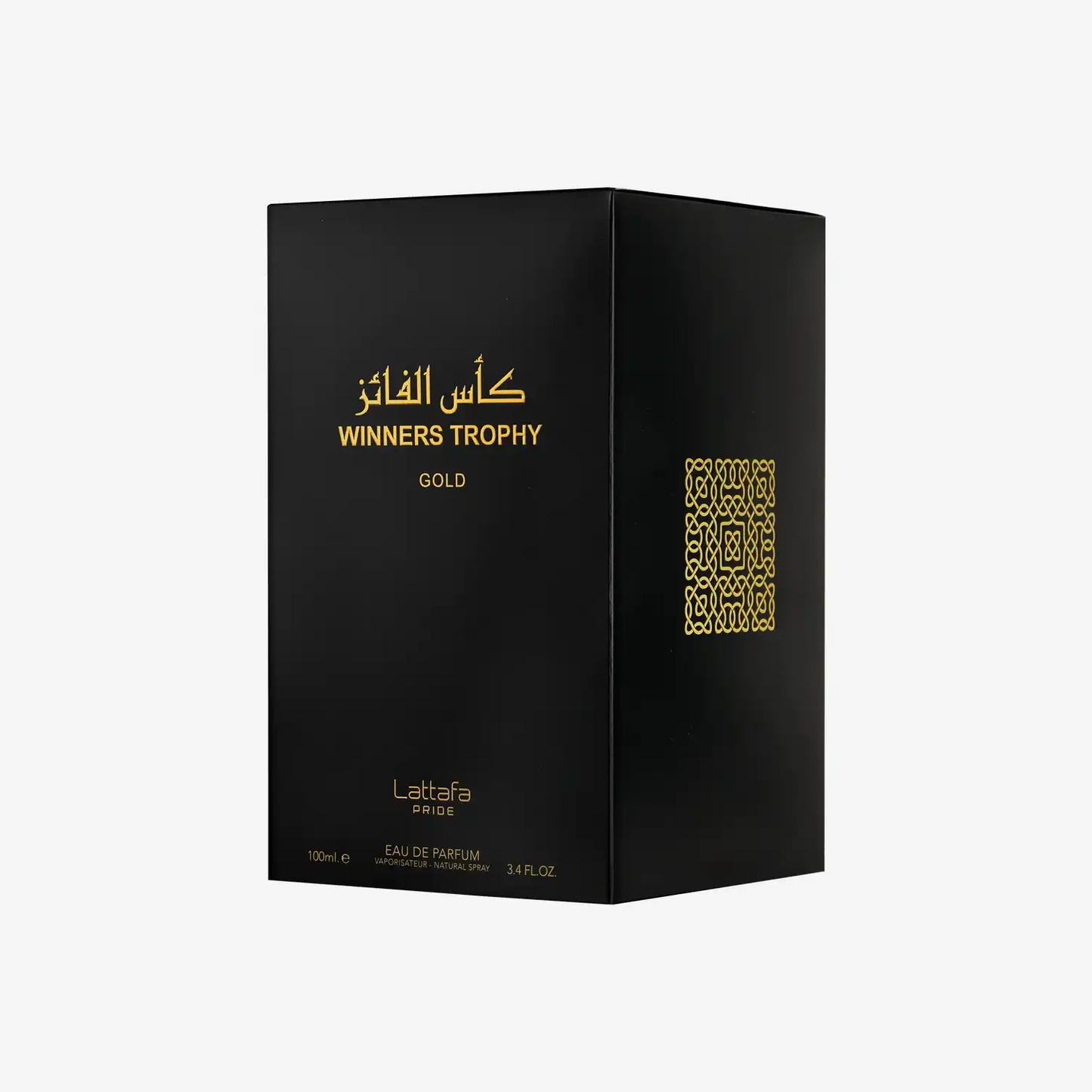 Lattafa Winners Trophy Gold perfume box, black with gold Arabic and English text, 100ml