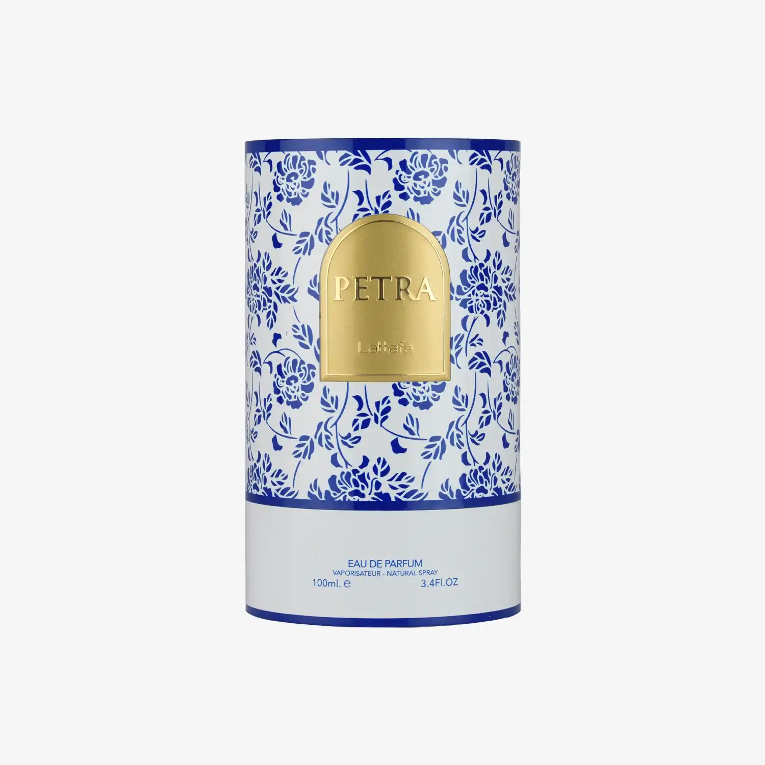 Petra eau de parfum decorative box with blue floral pattern and gold label, 100ml