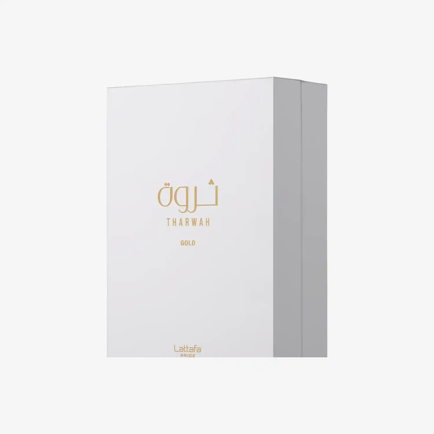 White Lattafa Tharwah Gold perfume box with gold Arabic and English text
