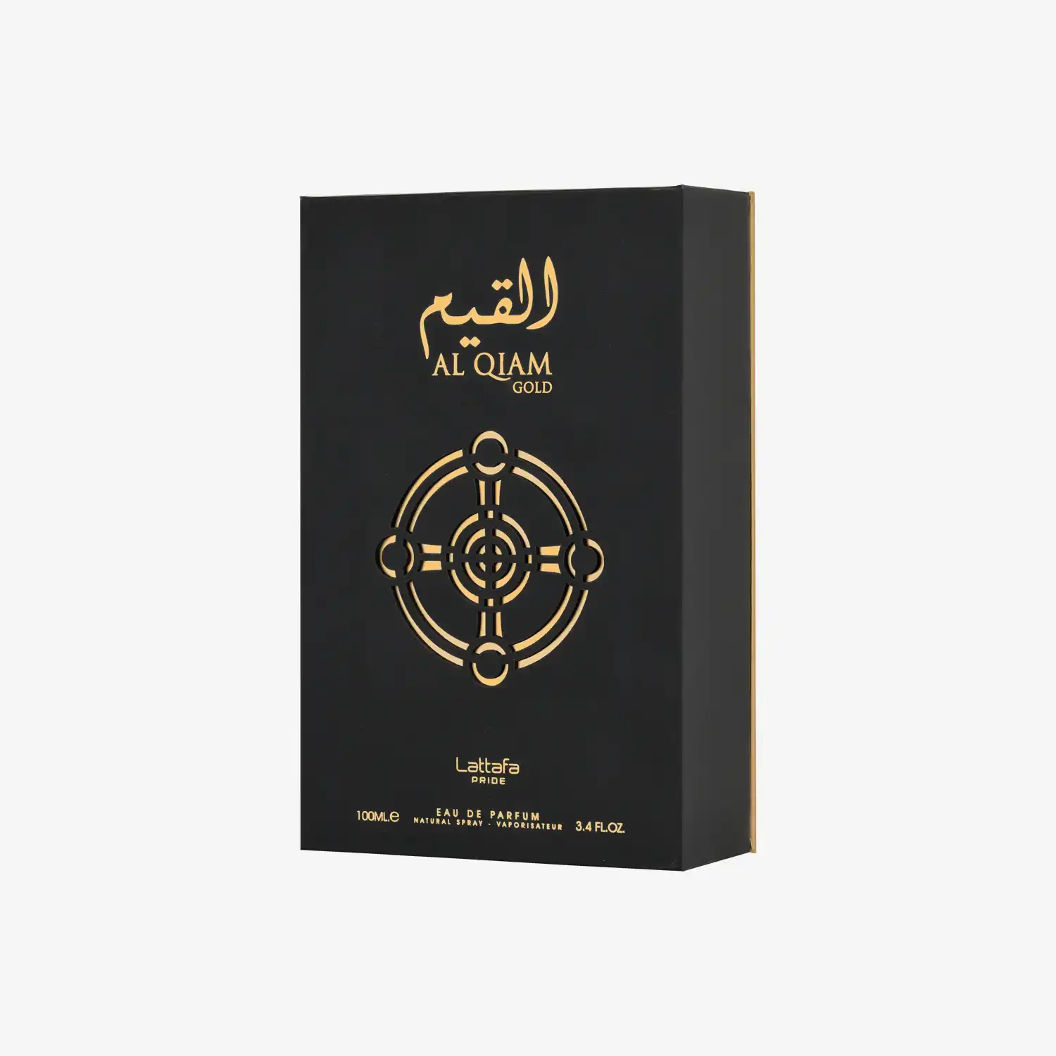 Al Qiam Gold perfume box, black with gold Arabic script and geometric design