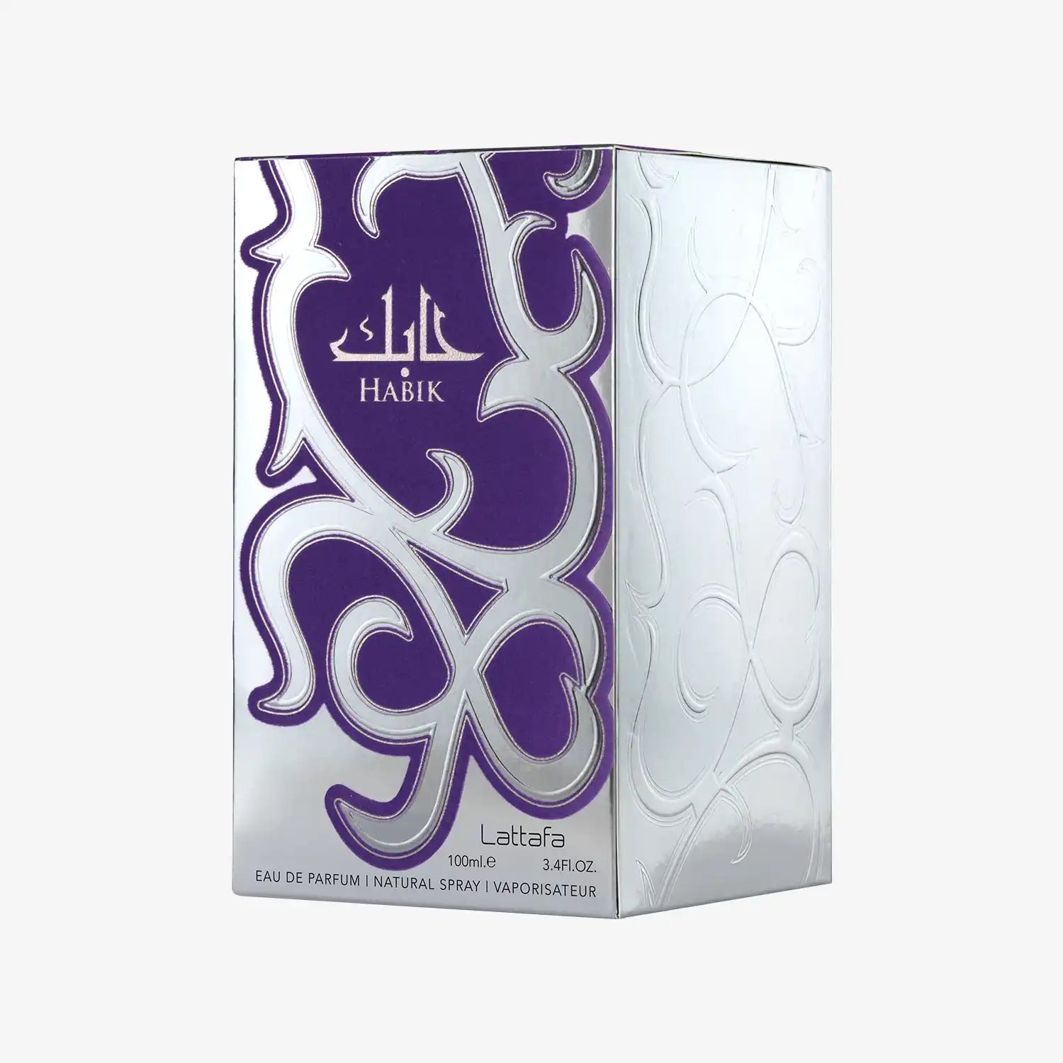 Lattafa Habik perfume box, 100ml, with silver and purple Middle Eastern design