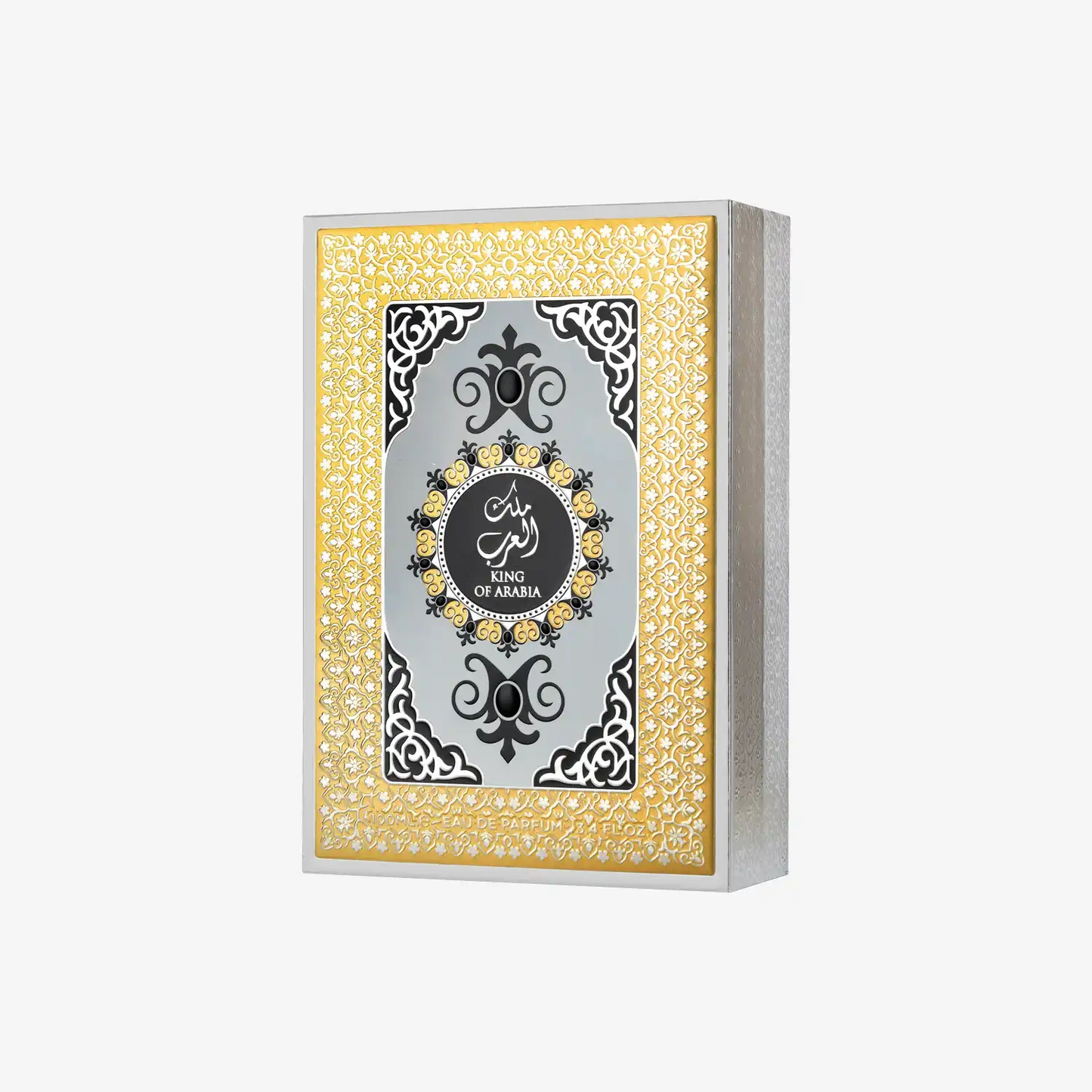 Middle Eastern perfume box with ornate gold and black design, labeled King of Arabia