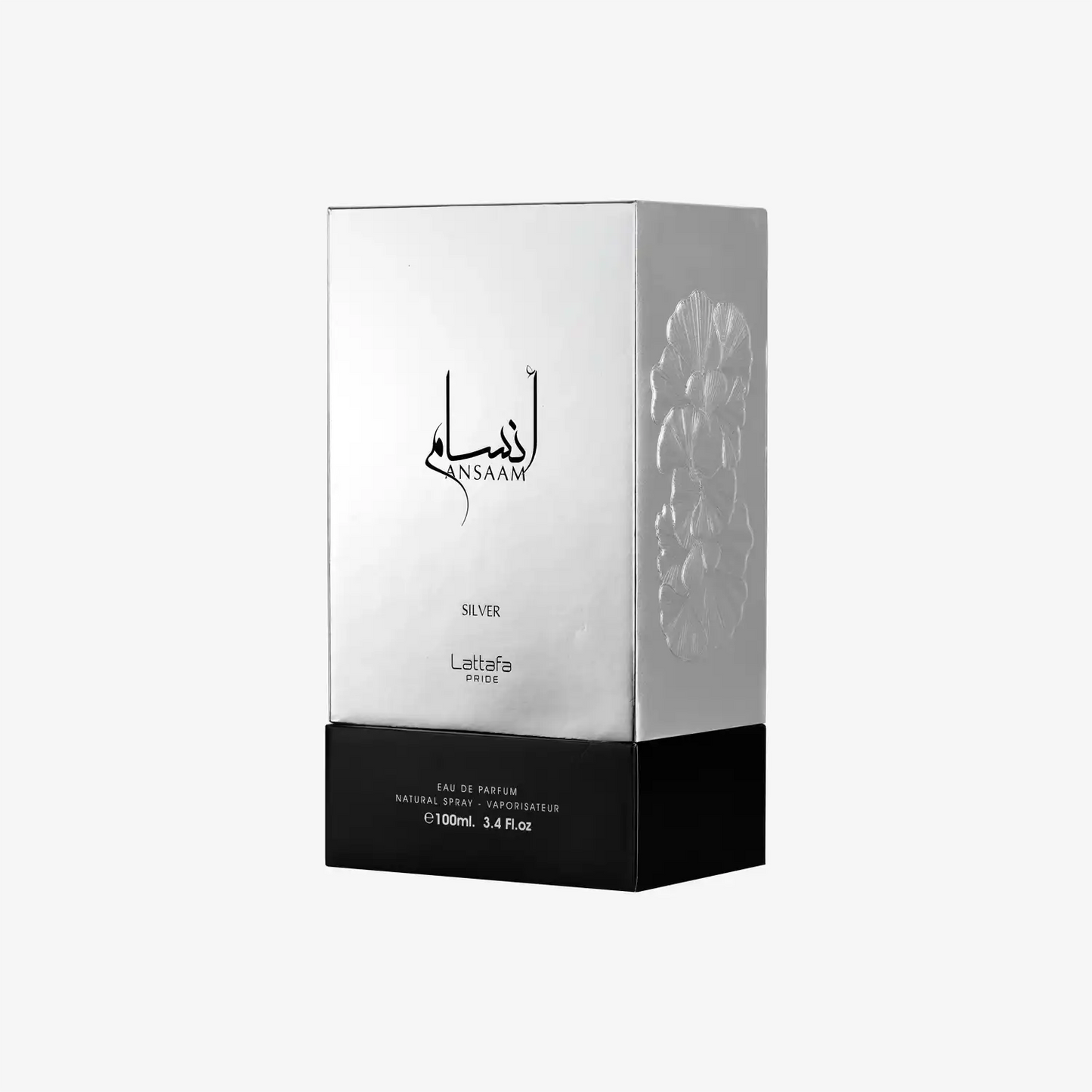 Lattafa Pride Ansaam Silver perfume box, 100ml, metallic design with floral embossing