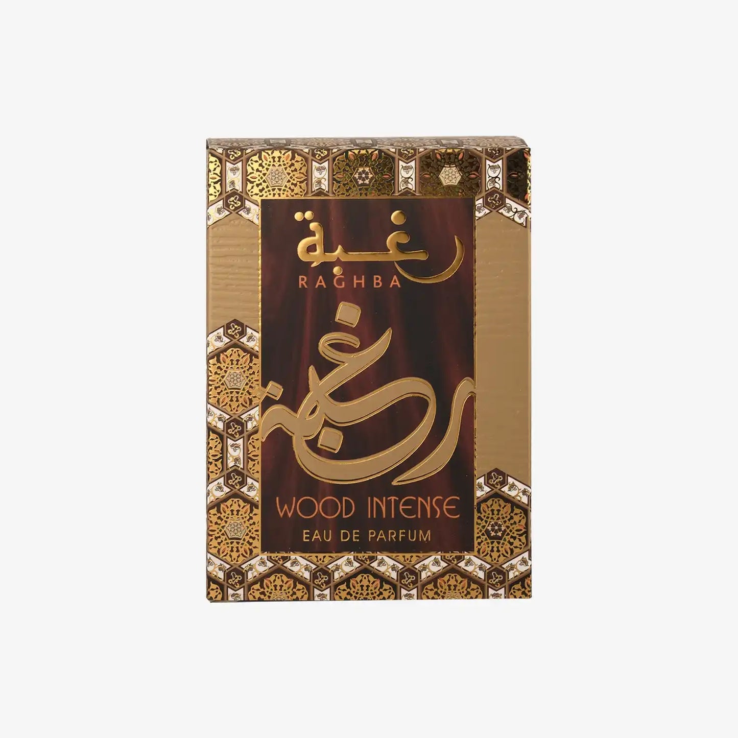 Raghba Wood Intense eau de parfum box with Middle Eastern gold pattern design