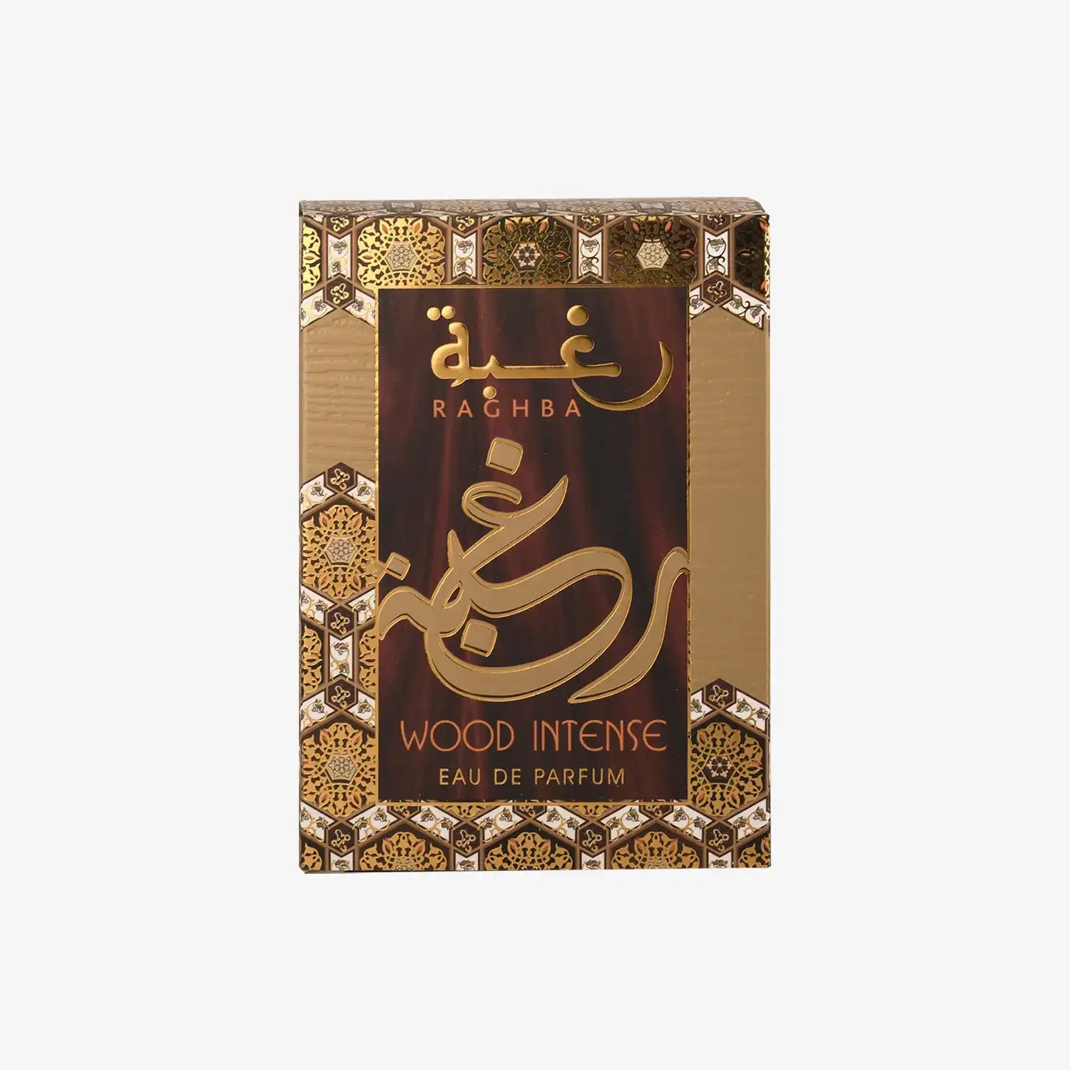 Raghba Wood Intense eau de parfum box with Middle Eastern gold pattern design