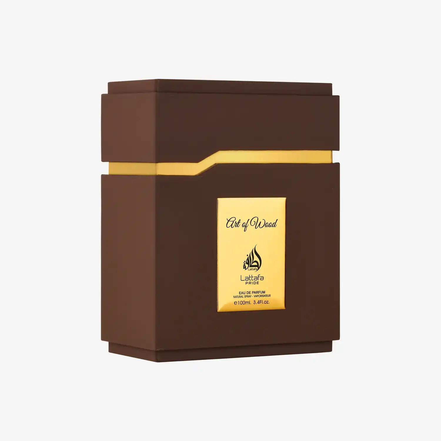 Brown and gold Lattafa Art of Wood Middle Eastern eau de parfum bottle, 100ml