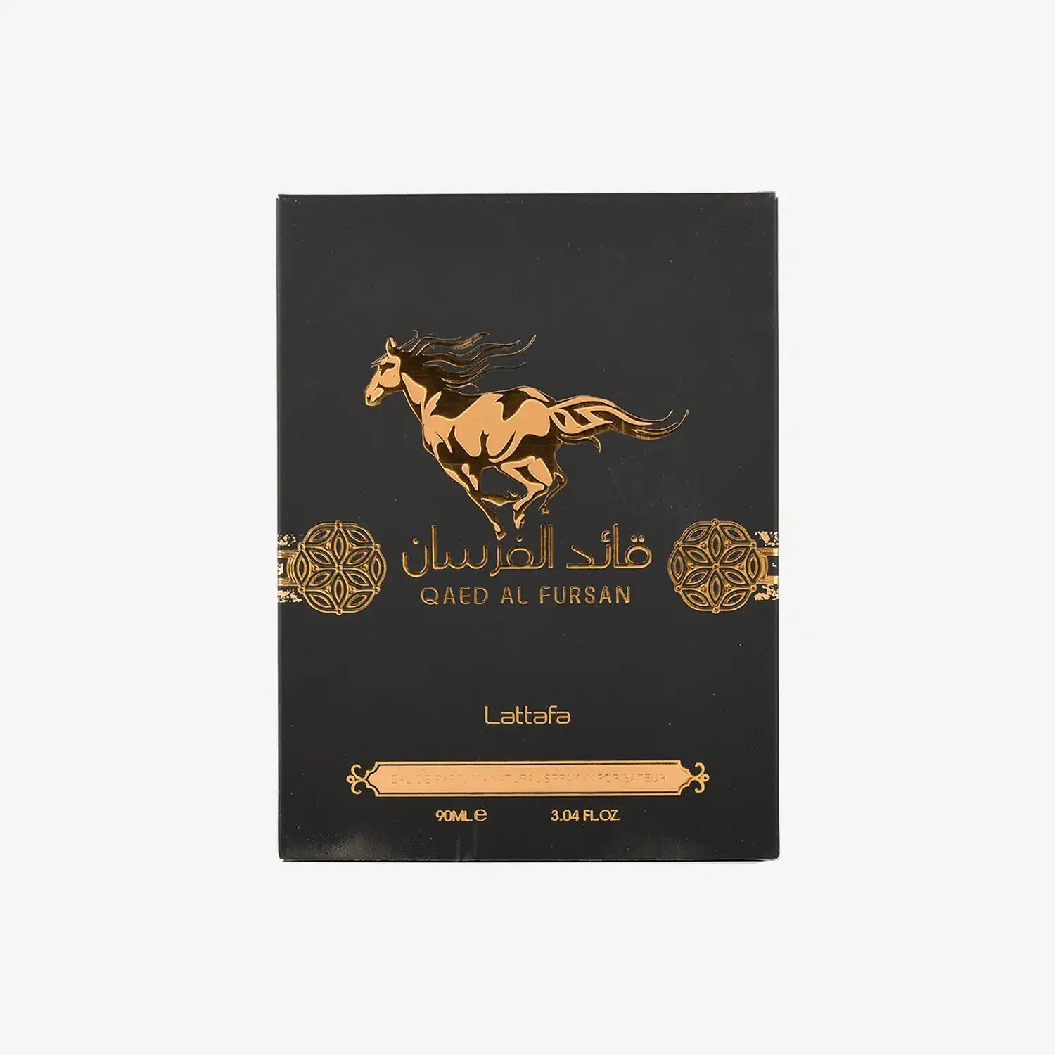 Qaed Al Fursan perfume box, black with gold horse, Arabic and English text, Middle Eastern fragrance