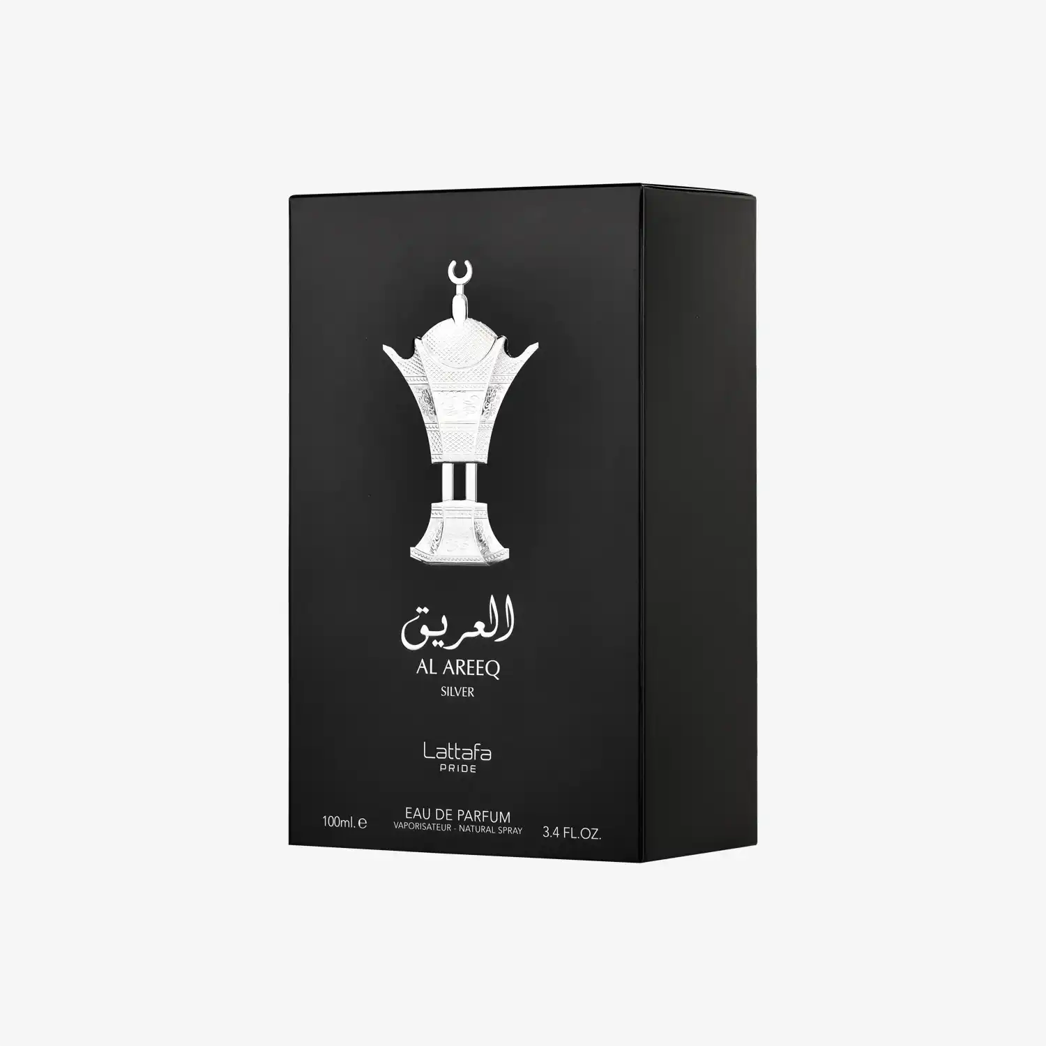 Lattafa Pride Al Areeq Silver perfume box, black packaging with Arabic coffee pot design