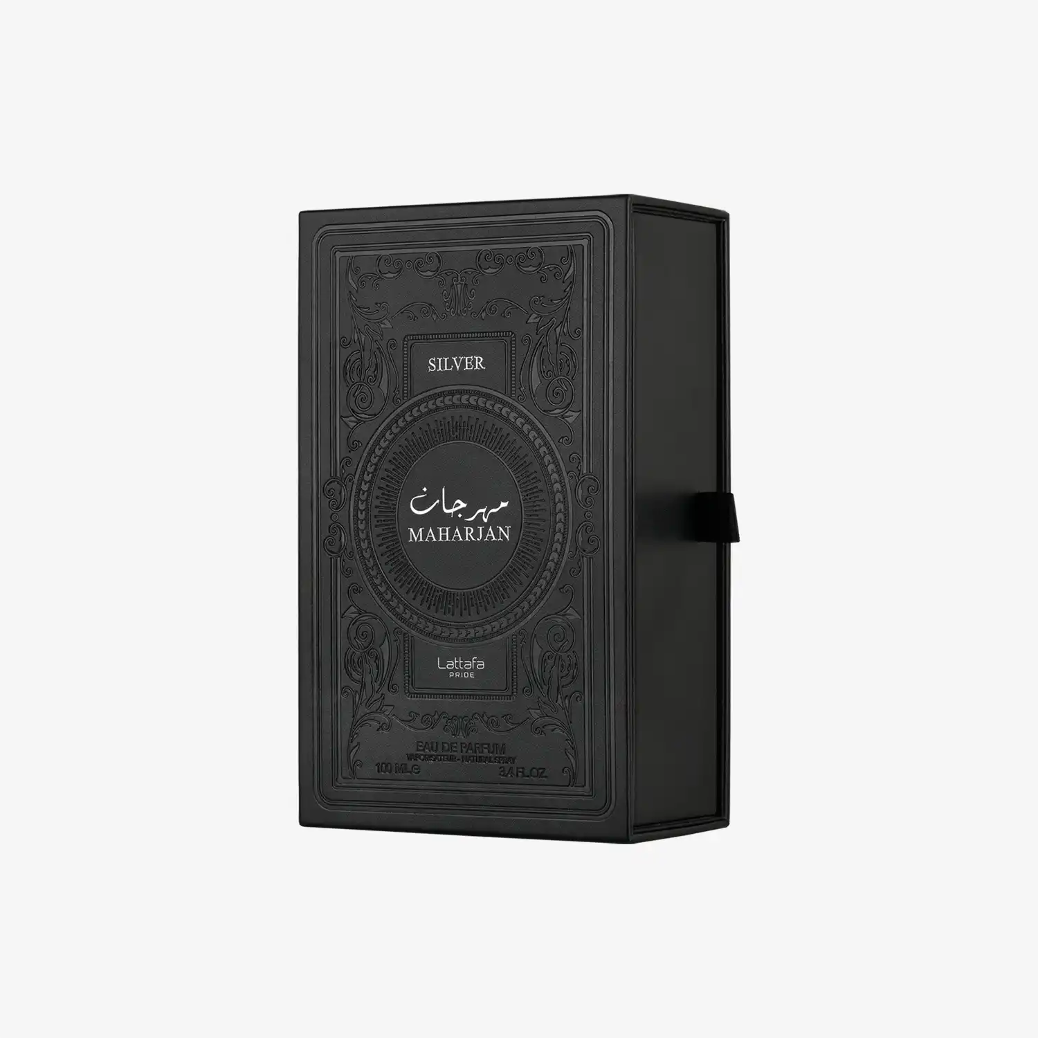 Lattafa Maharjan Silver Eau de Parfum ornate black box with Arabic design