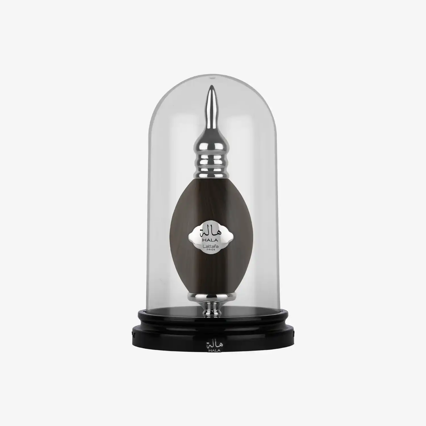 Elegant Middle Eastern perfume bottle with silver accents under glass dome display