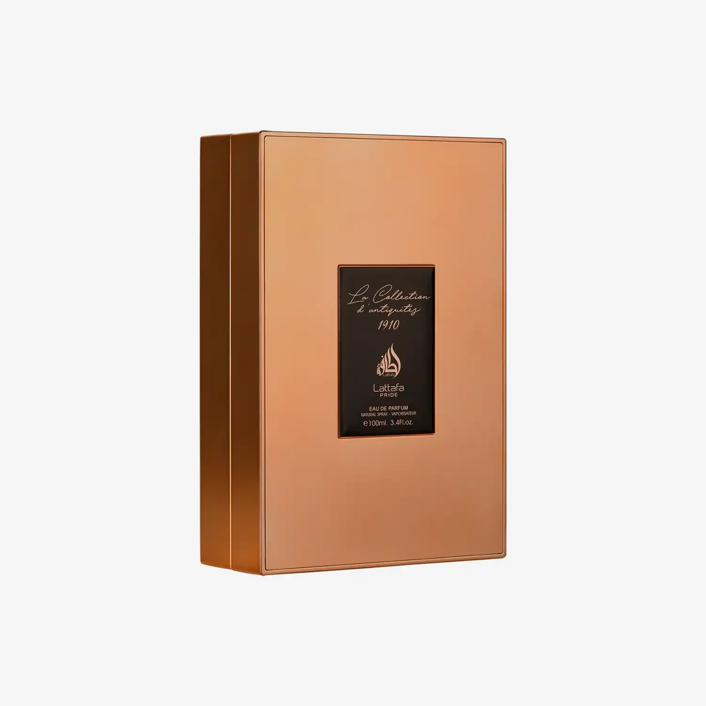 Luxury Middle Eastern perfume box, copper color, with black label and elegant script.