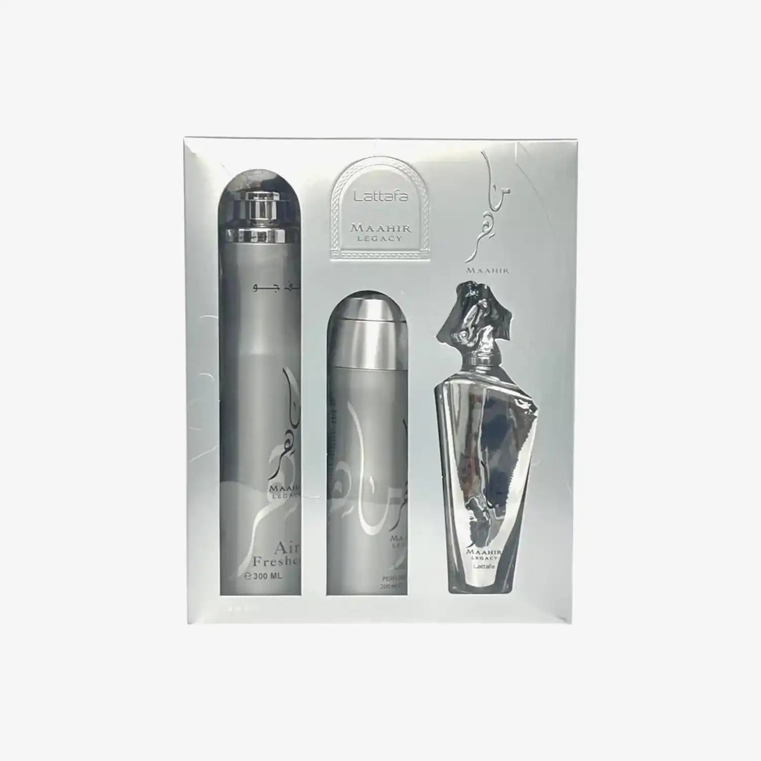 Lattafa Maahir Legacy fragrance gift set with air freshener, deodorant, and perfume in silver packaging
