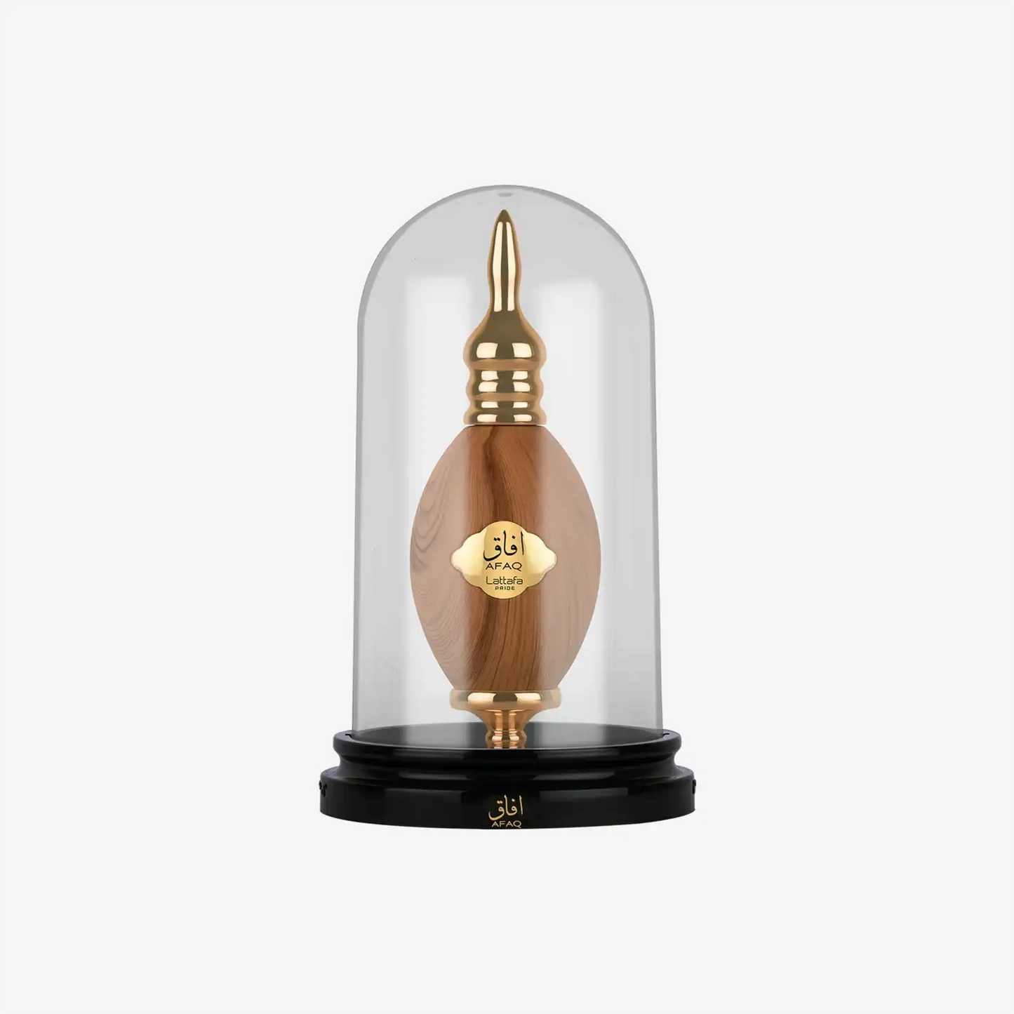 Luxury Middle Eastern wooden perfume bottle with gold accents under a glass dome