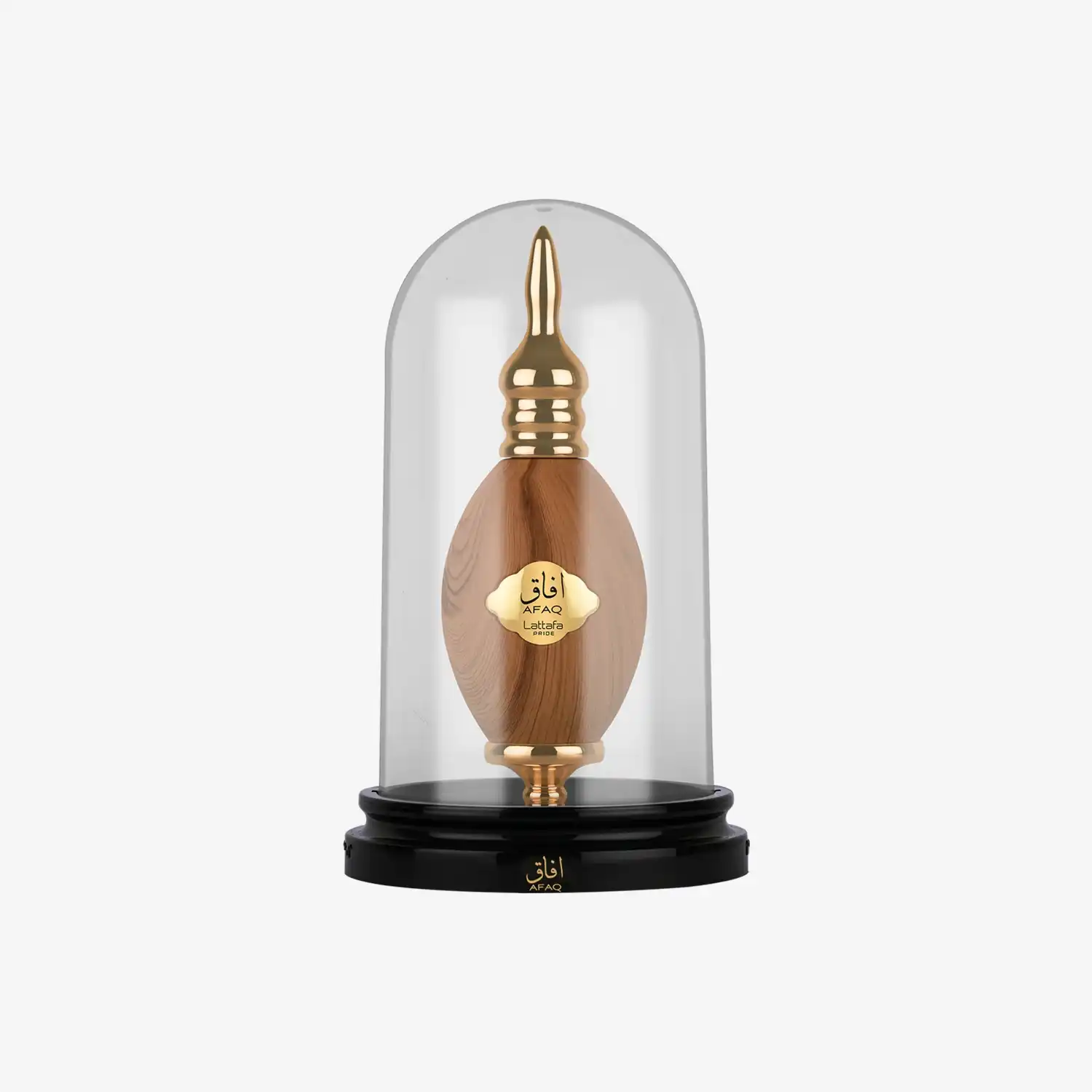 Luxury Middle Eastern wooden perfume bottle with gold accents under a glass dome