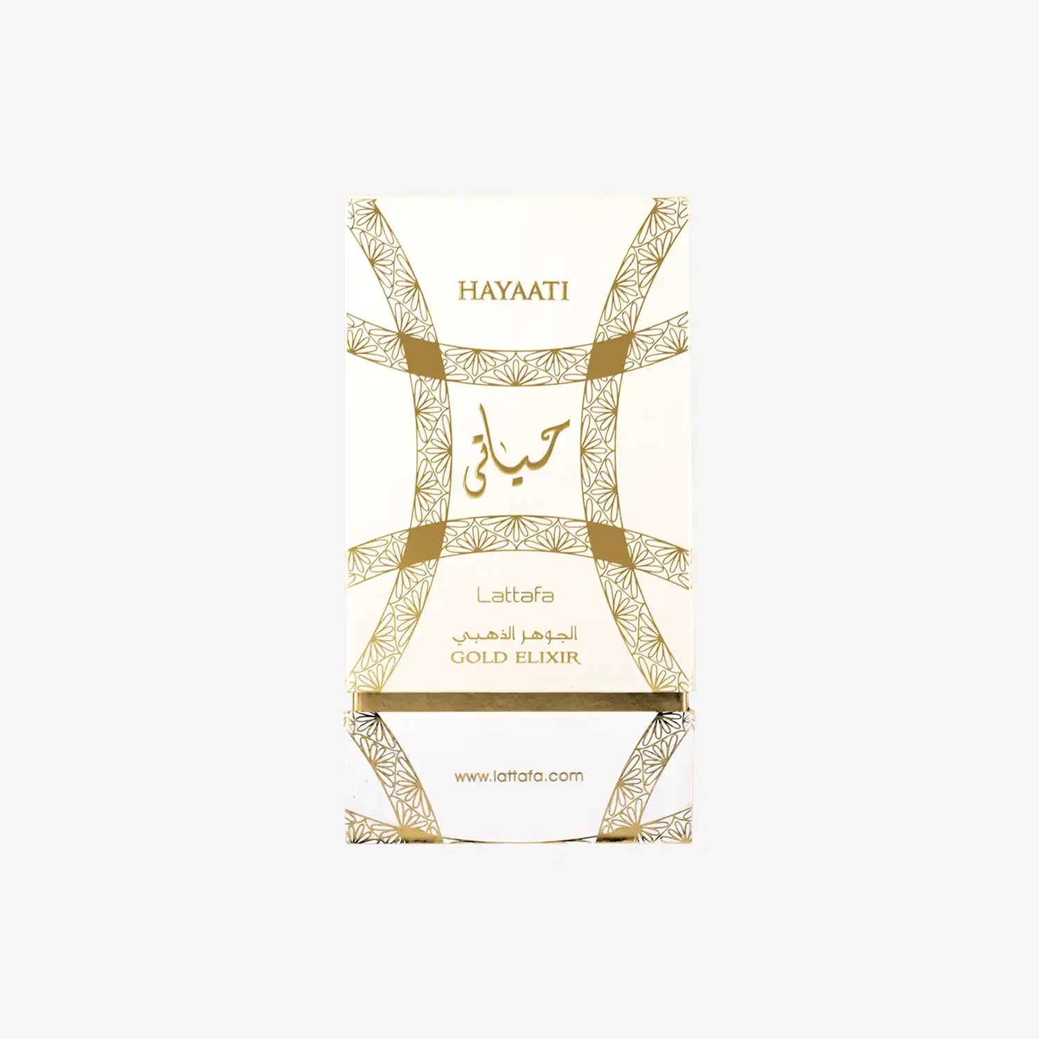 Hayaati Gold Elixir Lattafa perfume box with gold geometric pattern and Arabic text