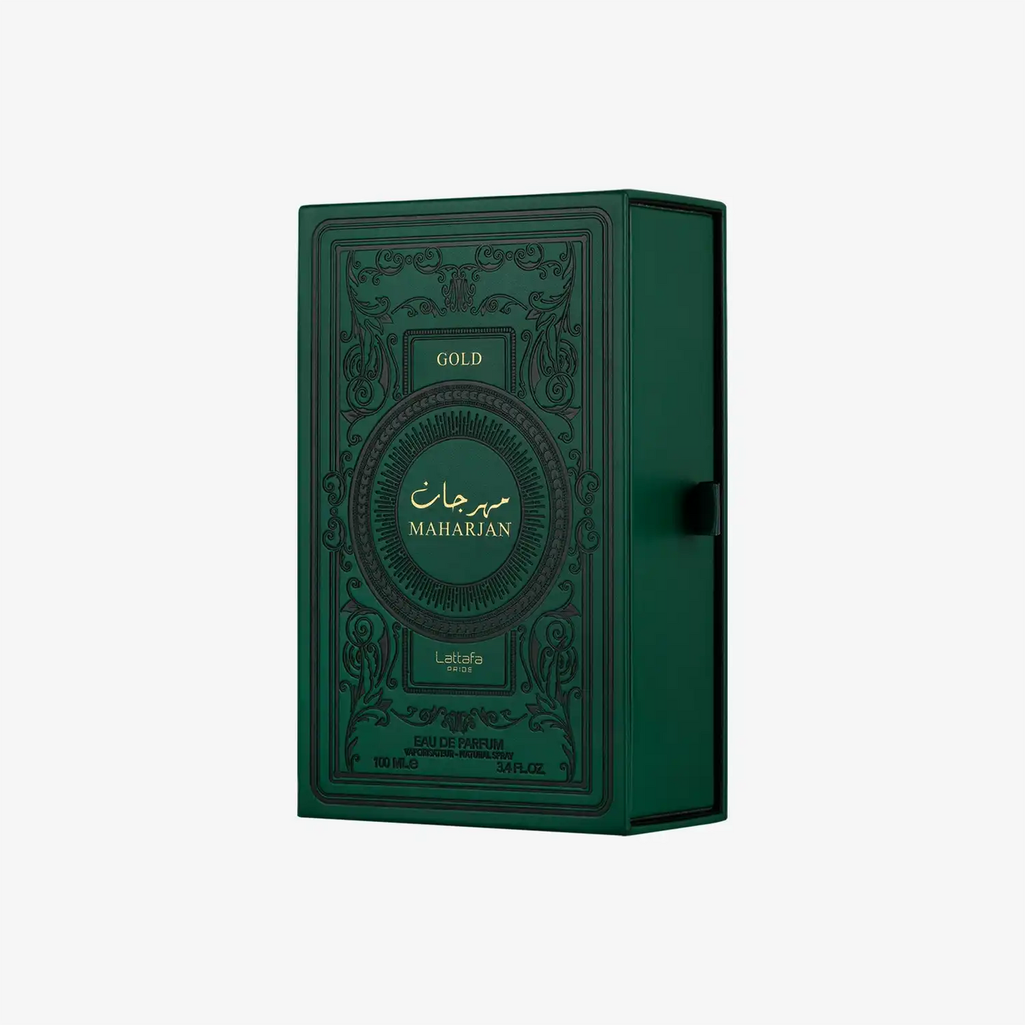 Green box of Maharjan Gold Lattafa oriental perfume with gold embossed design