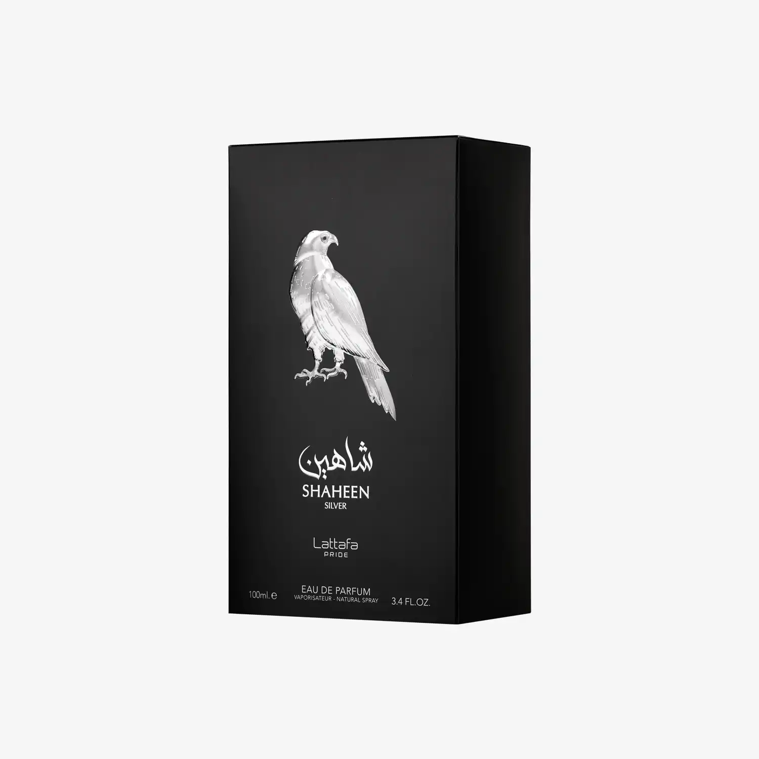 Shaheen Silver Eau de Parfum box with falcon illustration on black packaging