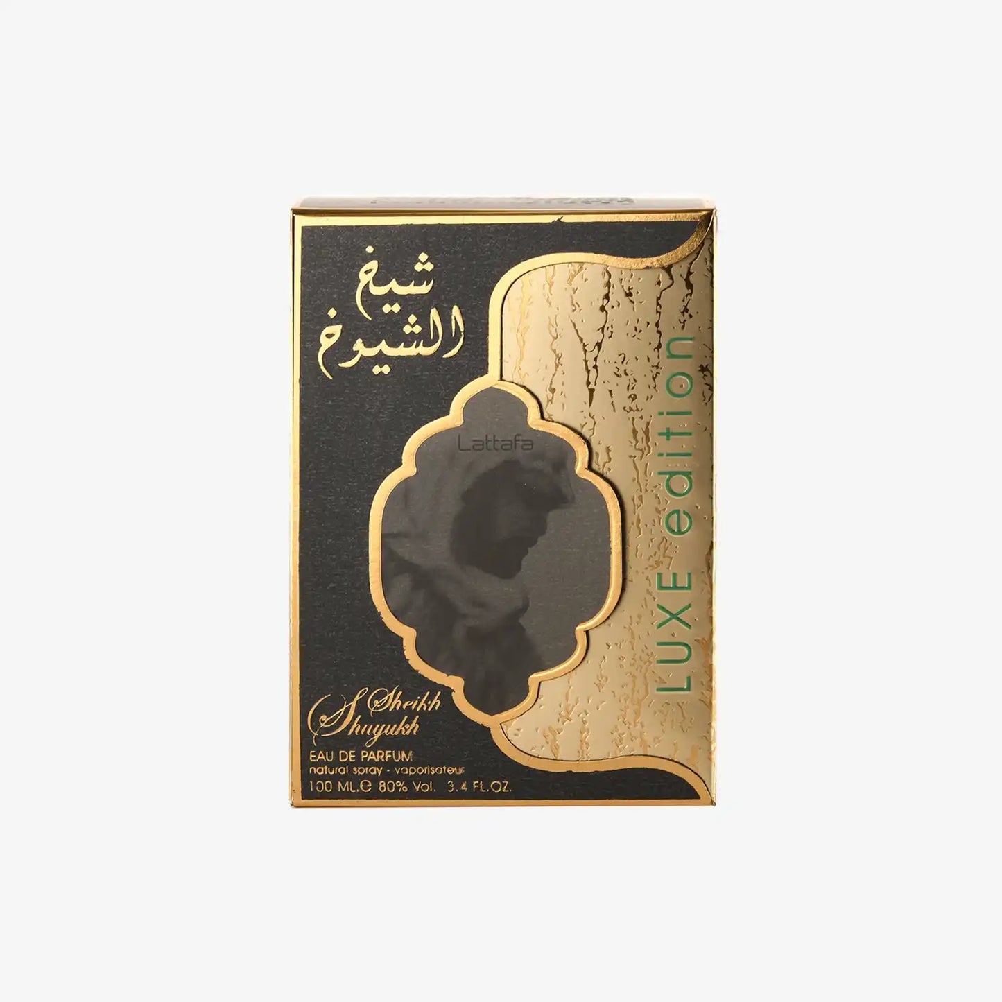 Sheikh Shuyukh Luxe Edition Eau de Parfum gold and black box with Arabic script