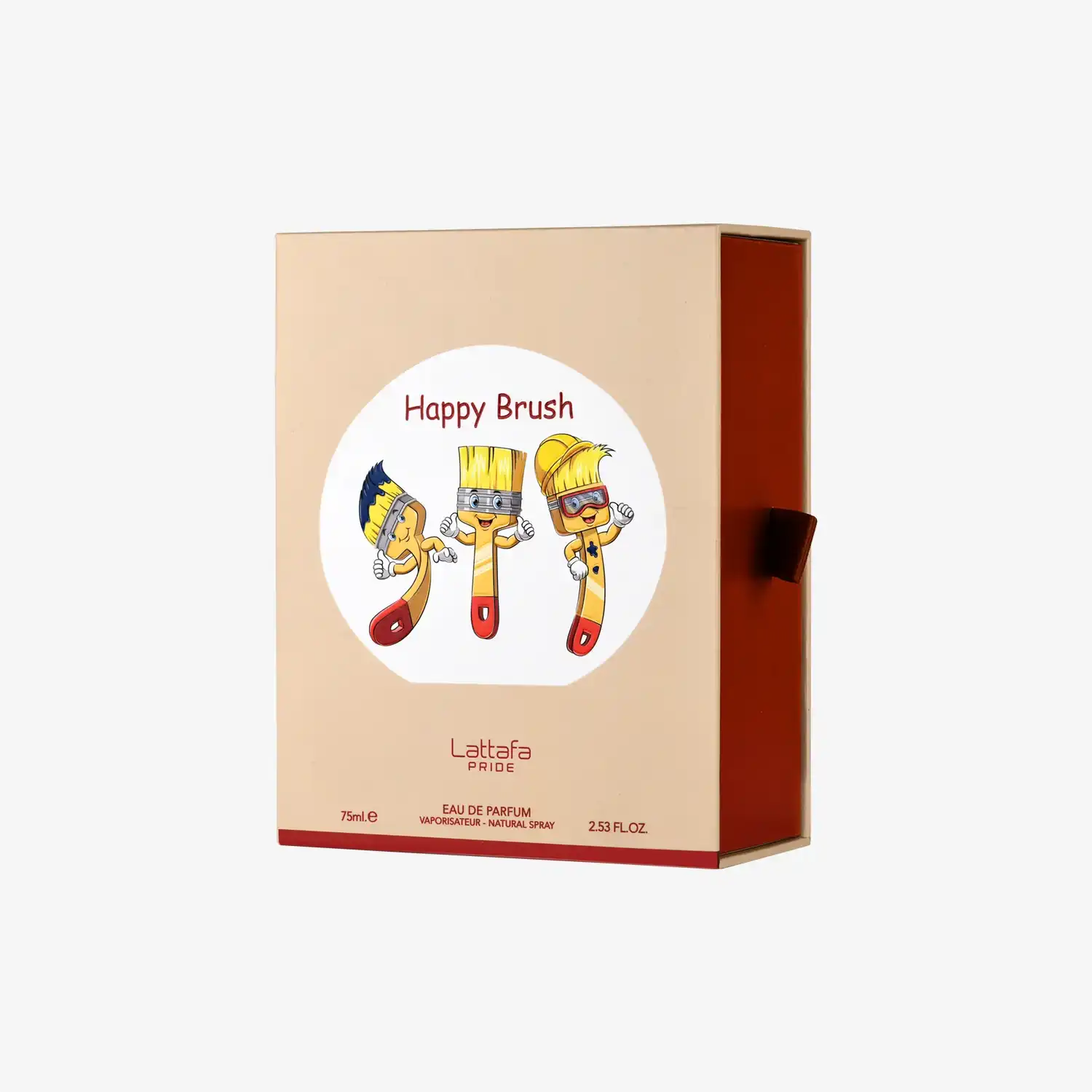 Lattafa Pride Happy Brush perfume box with cartoon paintbrushes on beige background