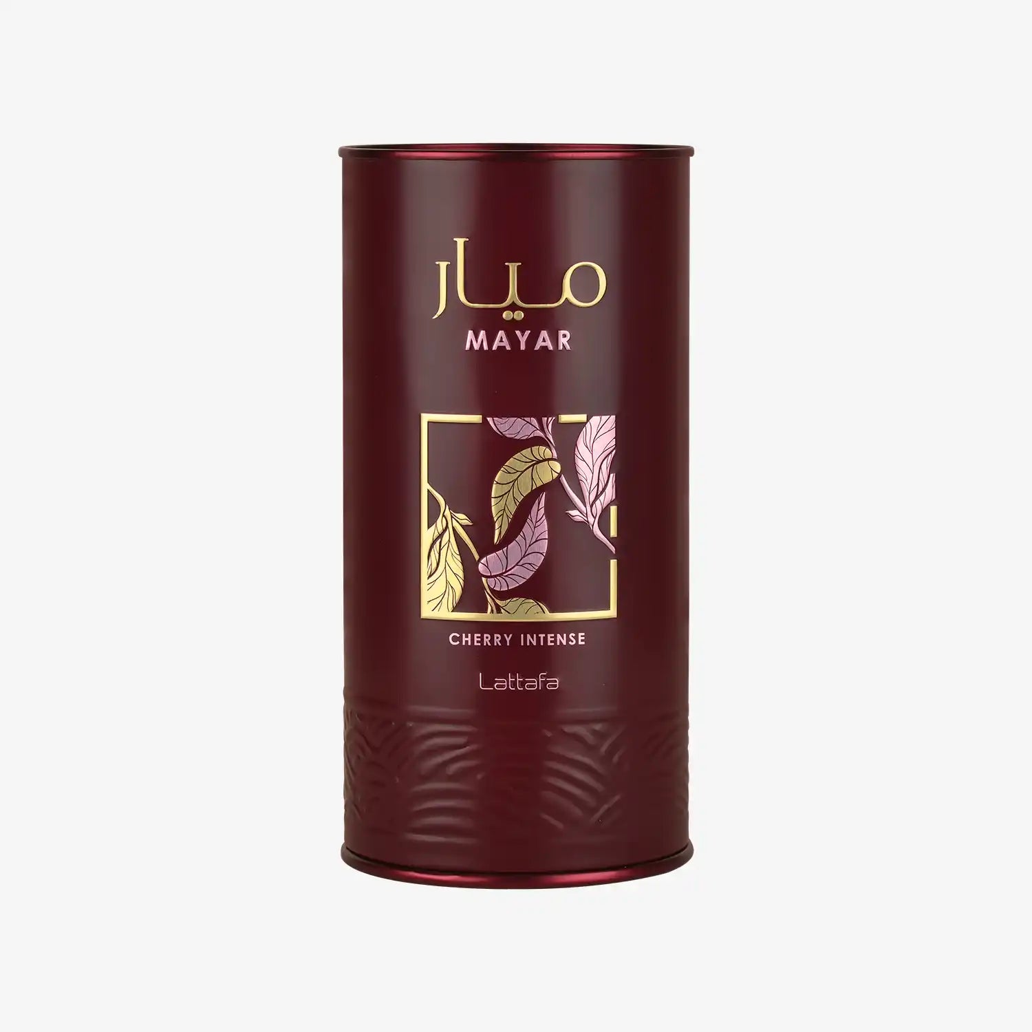 Mayar Cherry Intense Lattafa maroon cylindrical tin with gold leaf design