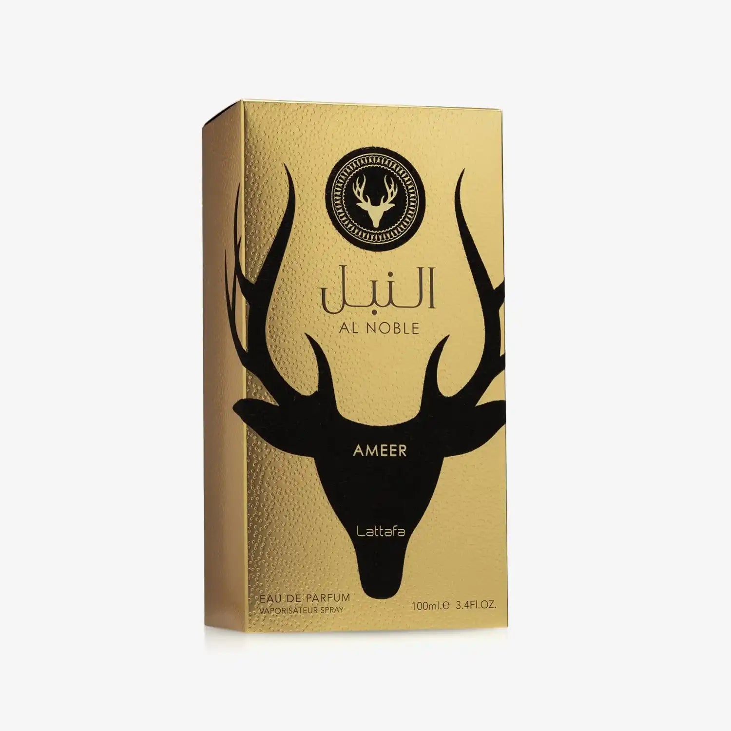 Gold Lattafa Al Noble Ameer perfume box with black deer silhouette and Arabic text
