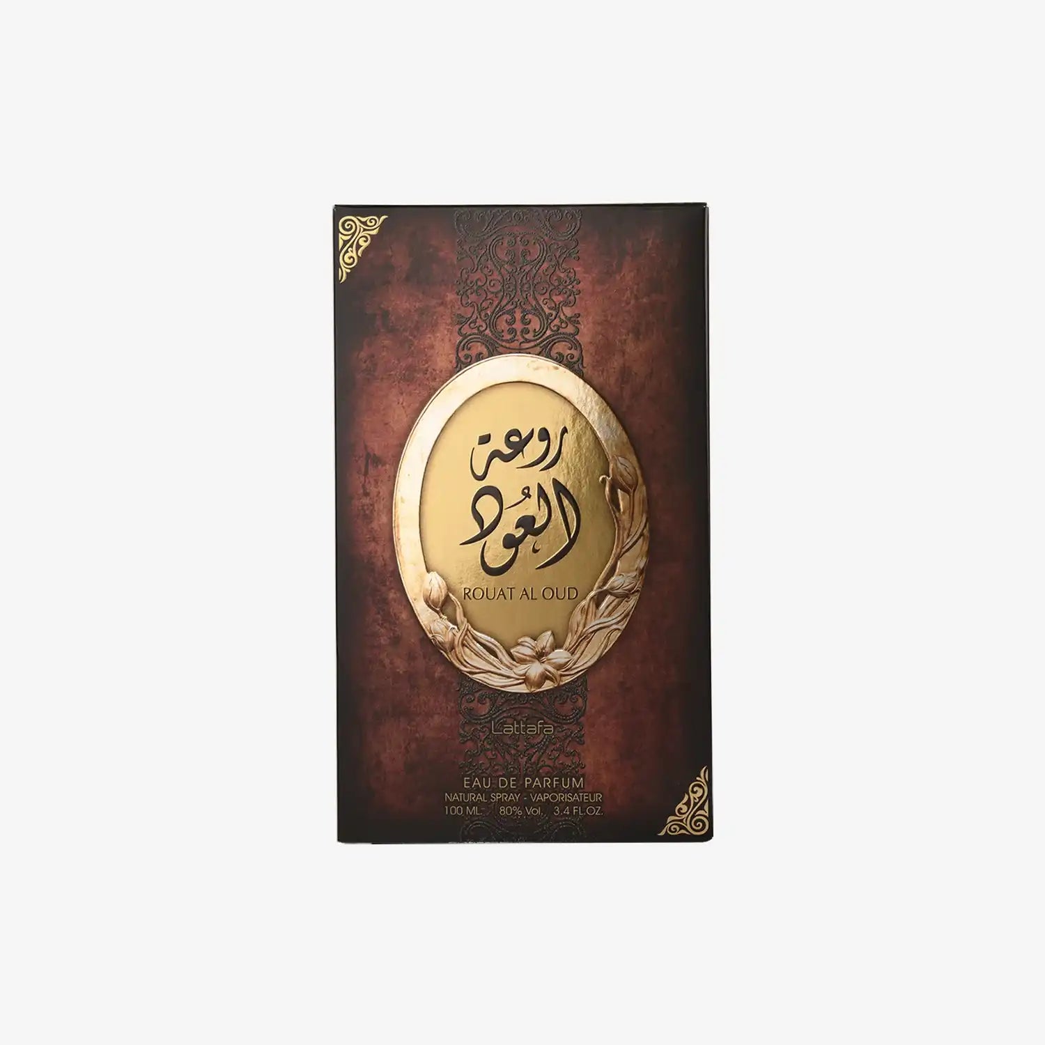 Rouat Al Oud perfume box with gold Arabic calligraphy, floral design, Middle Eastern fragrance