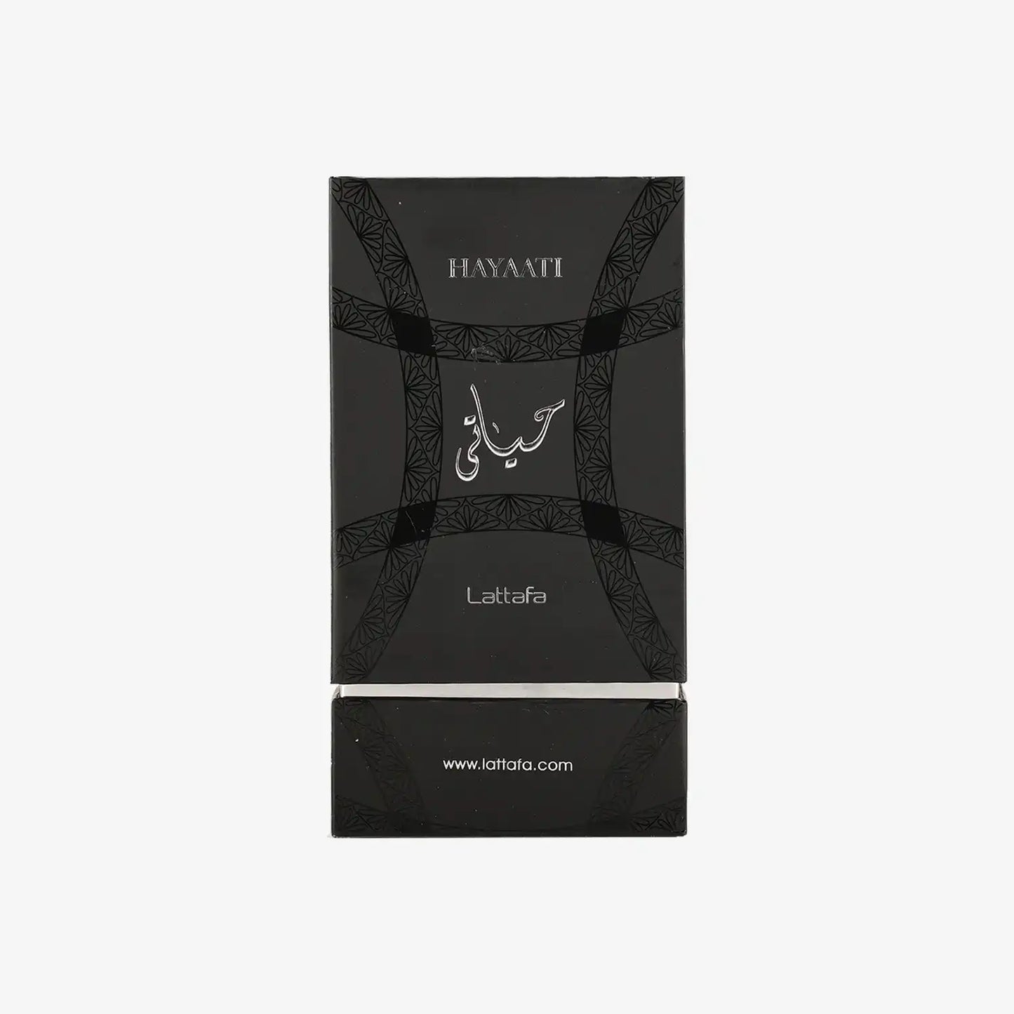 Lattafa Hayati perfume box with Arabic script, black packaging, Middle Eastern fragrance