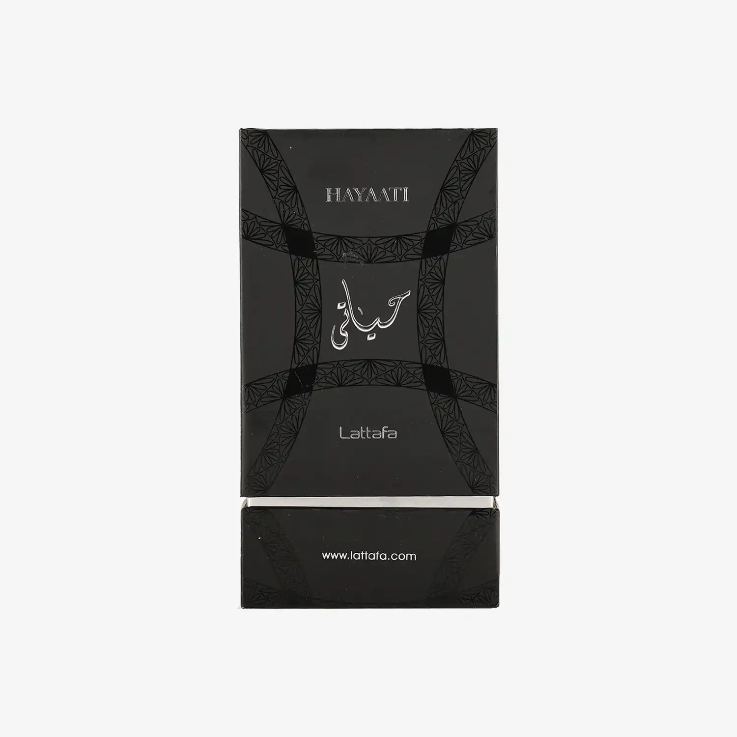 Lattafa Hayati perfume box with Arabic script, black packaging, Middle Eastern fragrance