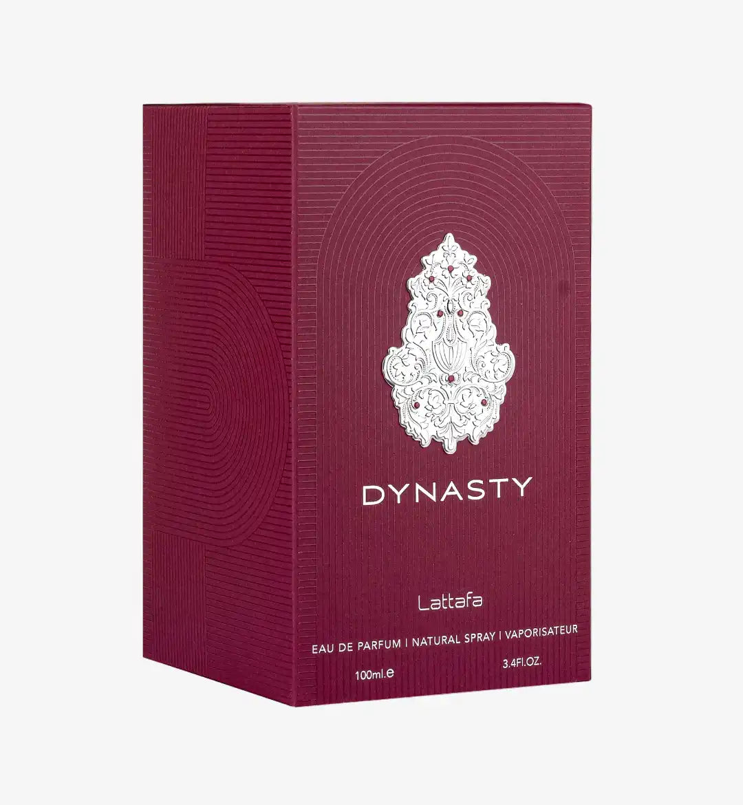 Lattafa Dynasty perfume box, maroon color with ornate white design, 100ml eau de parfum